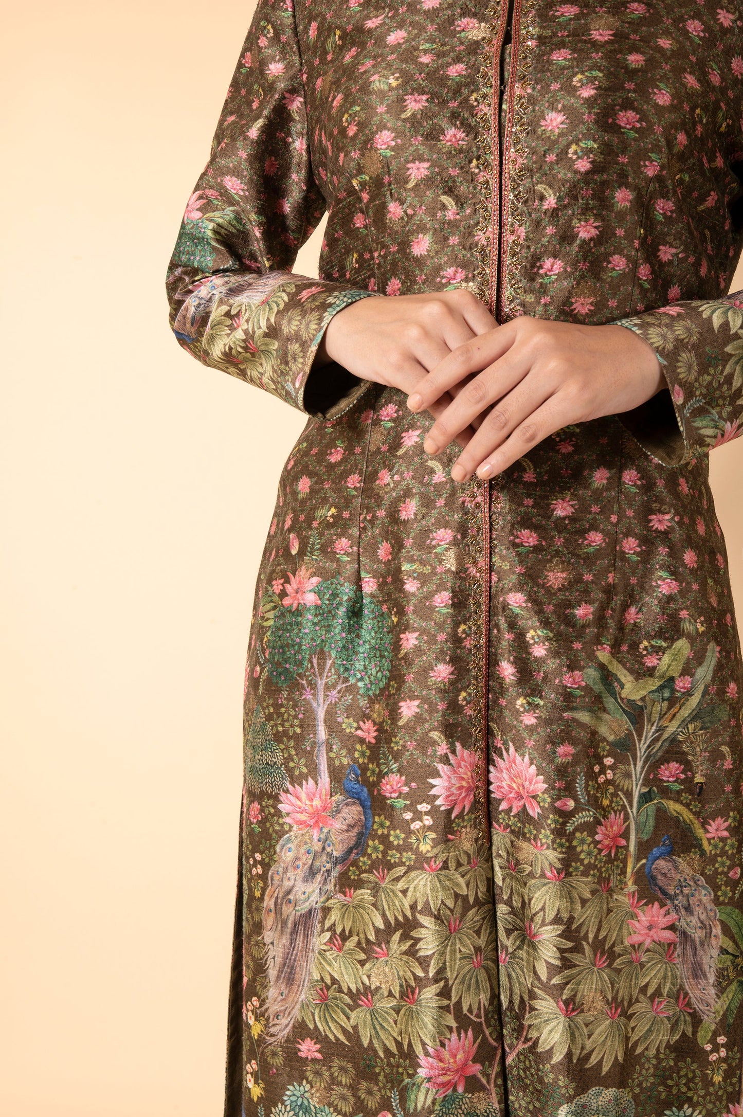 Handwoven Olive Green Digital Printed Silk Kurta