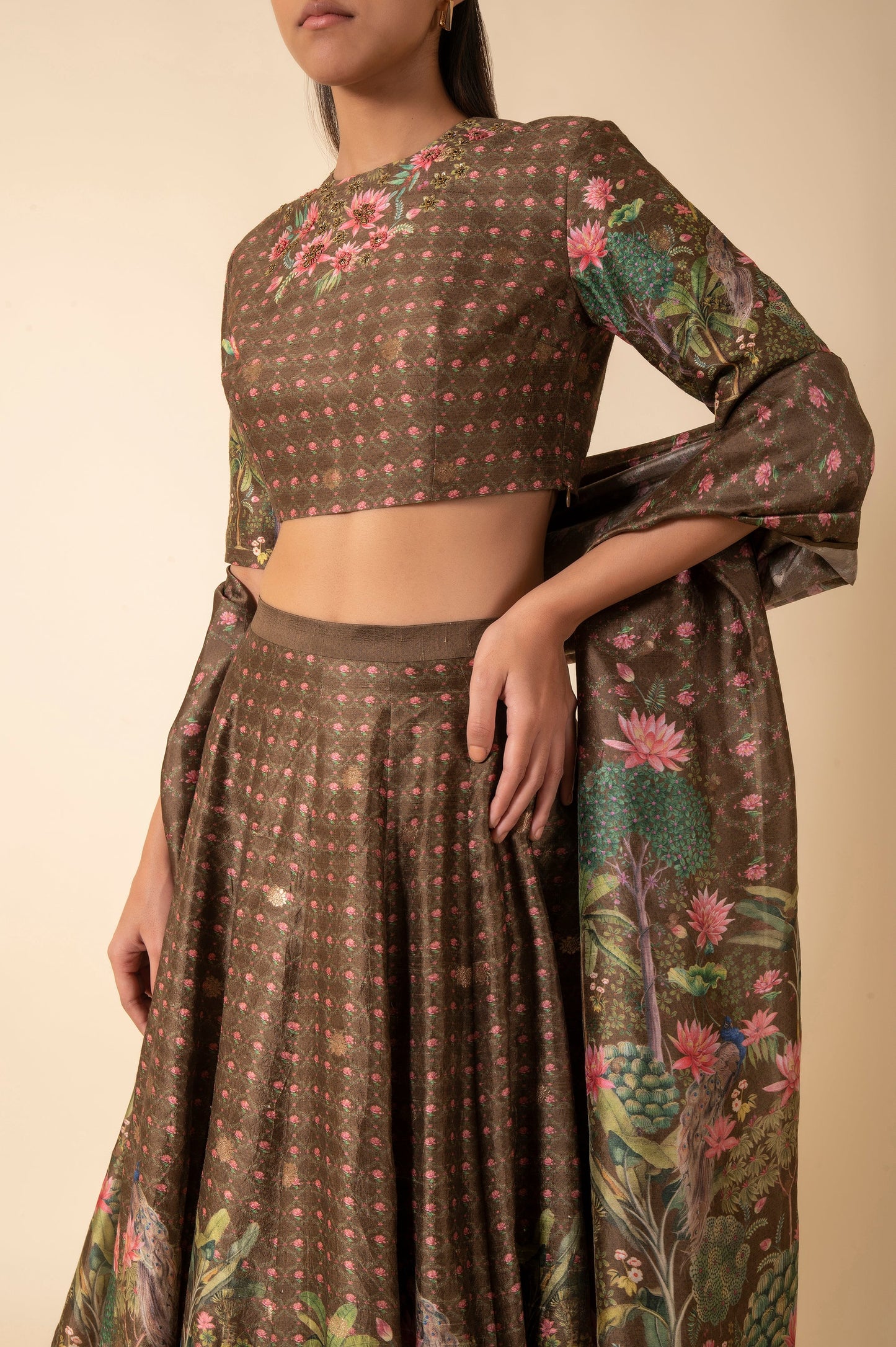 Handwoven Olive Green Digital Printed Silk Lehenga