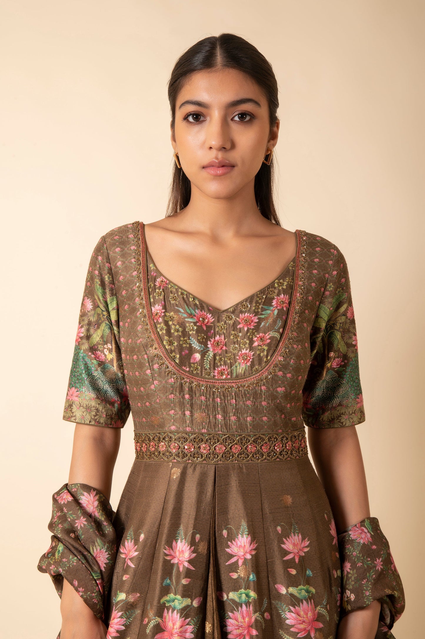 Handwoven Olive Green Digital Printed Silk Anarkali