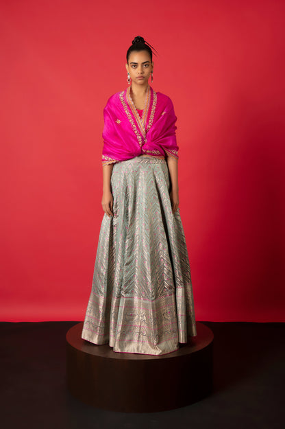 Handwoven Pink And Blue Satin Silk Lehenga