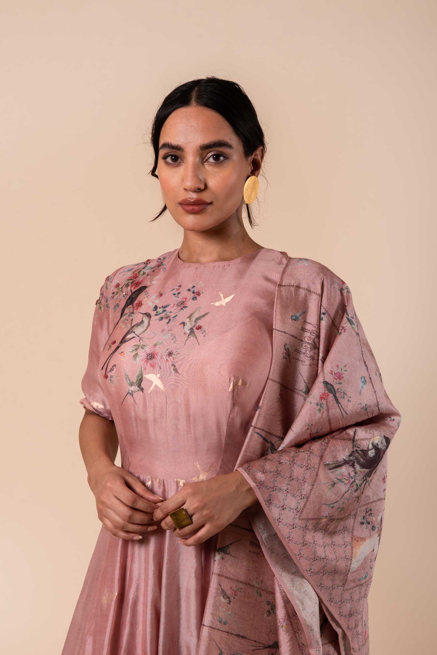 Handwoven Digital Printed Pink Silk Anarkali and Churidar