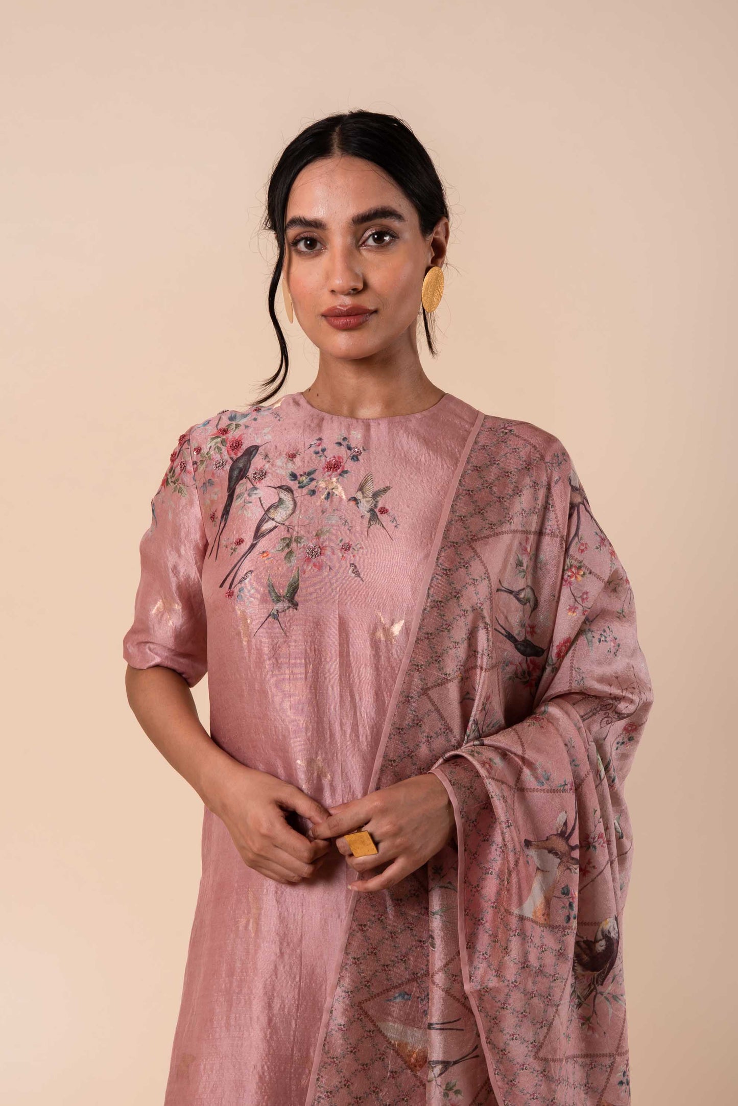 Handwoven Digital Printed Pink Silk Kurta and Palazzo