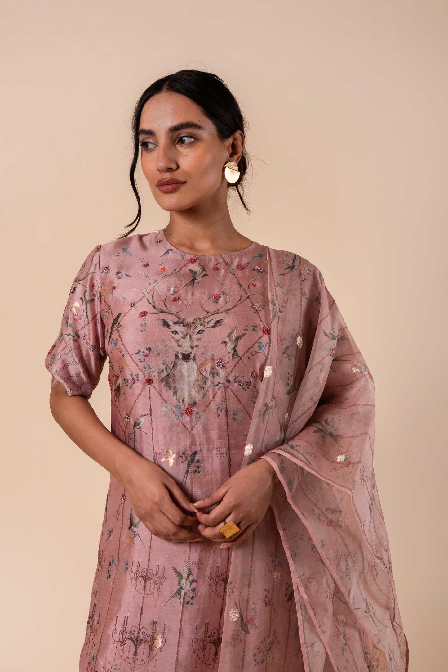 Handwoven Digital Printed Pink Silk Kurta and Palazzo with Dupatta