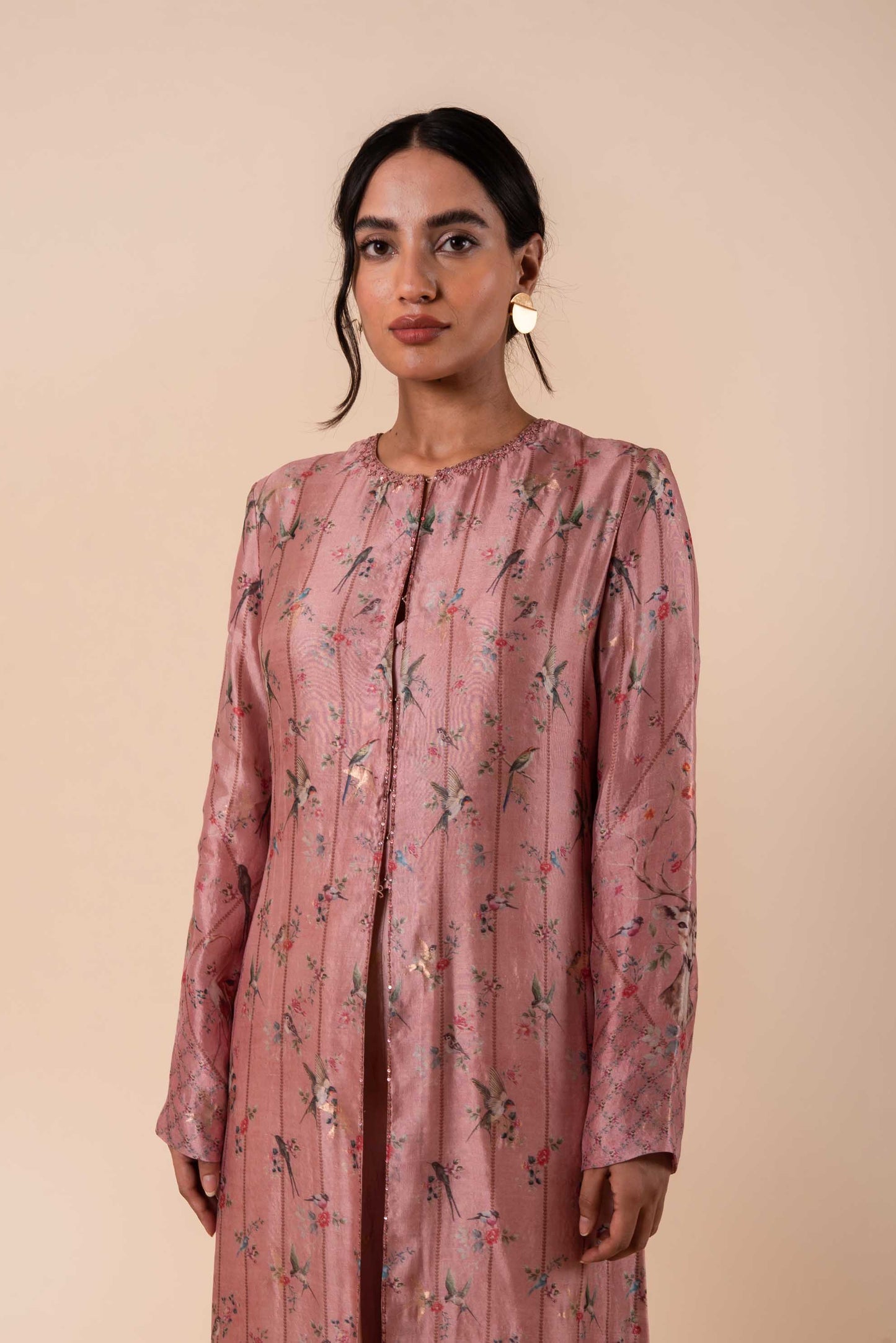 Handwoven Digital Printed Pink Silk Kurta with Pants