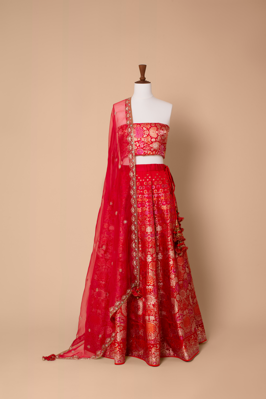 Handwoven Red Silk Lehenga