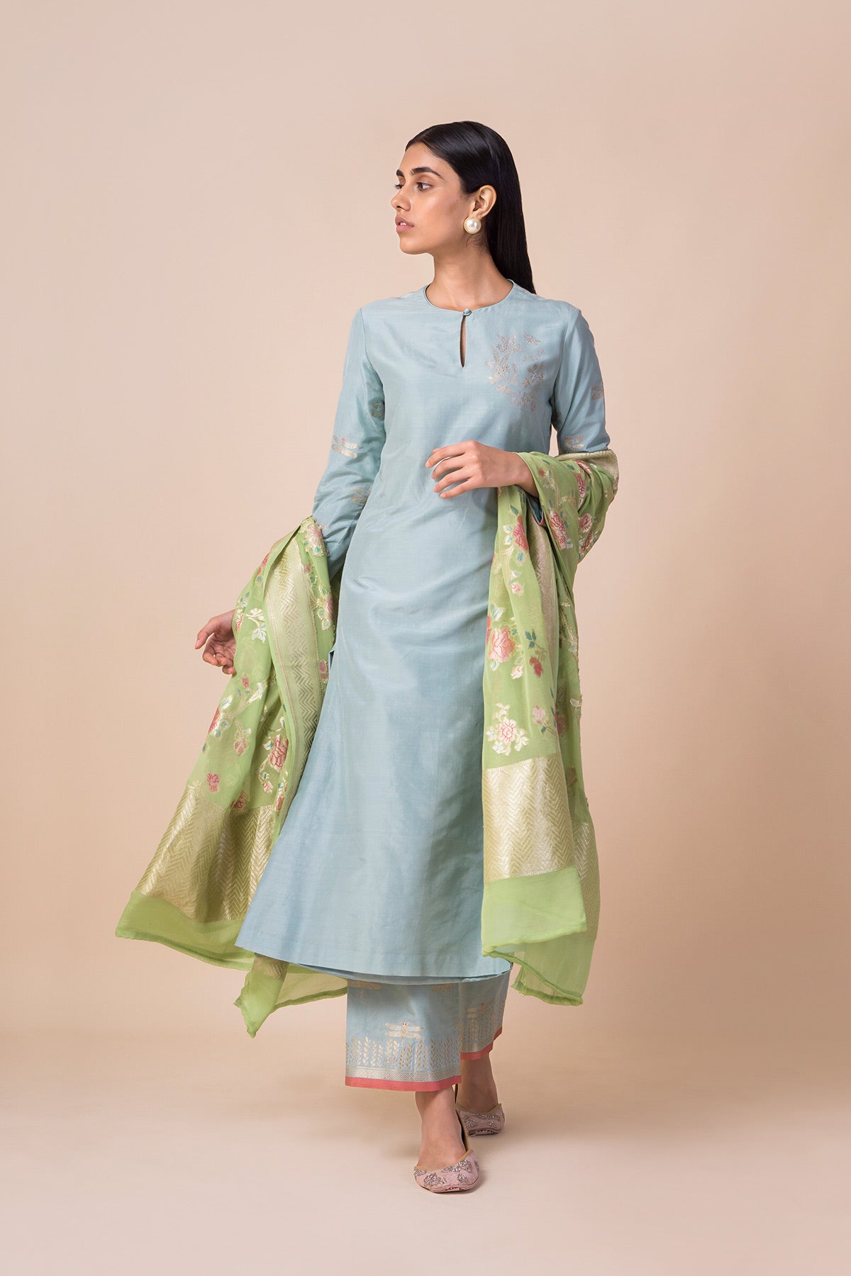 Handwoven Pear Green Georgette Dupatta