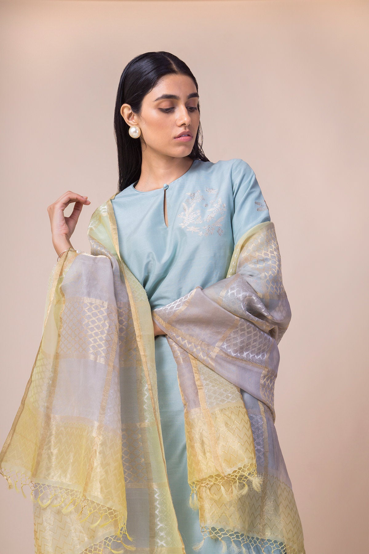 Handwoven Dusk Blue Organza Dupatta