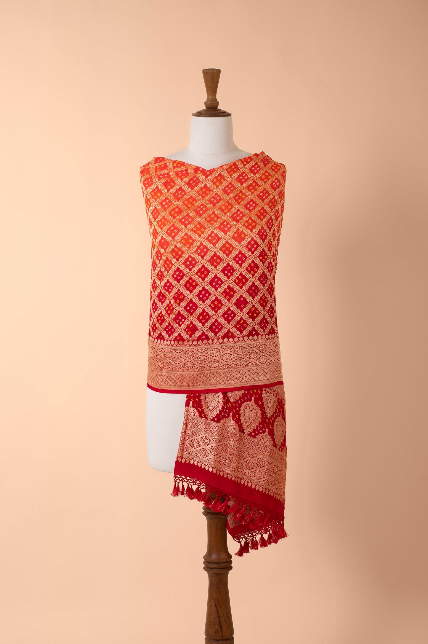 Handwoven Red and Orange Bandhani Dupatta