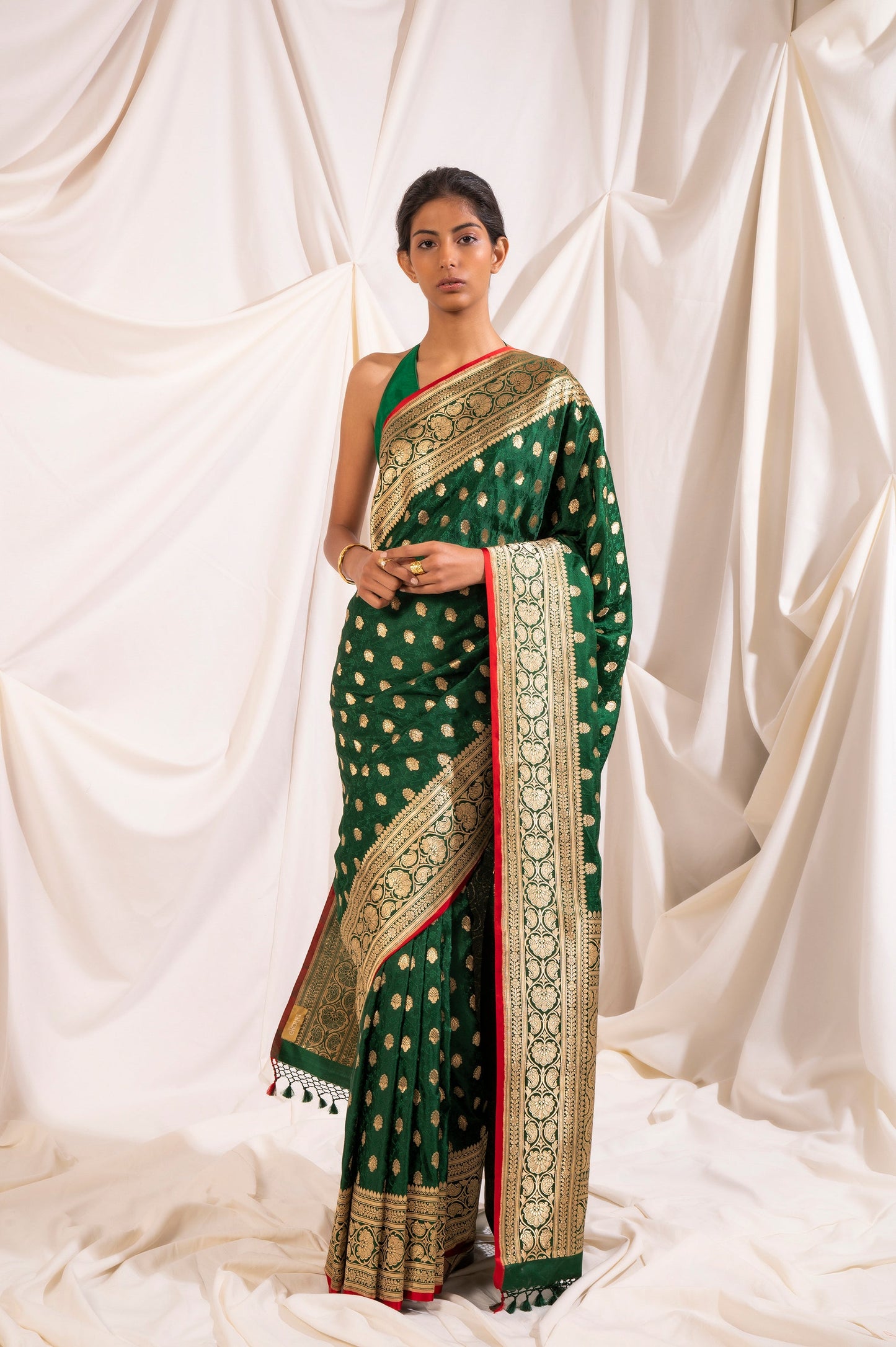 Handwoven Green Satin Silk Sari