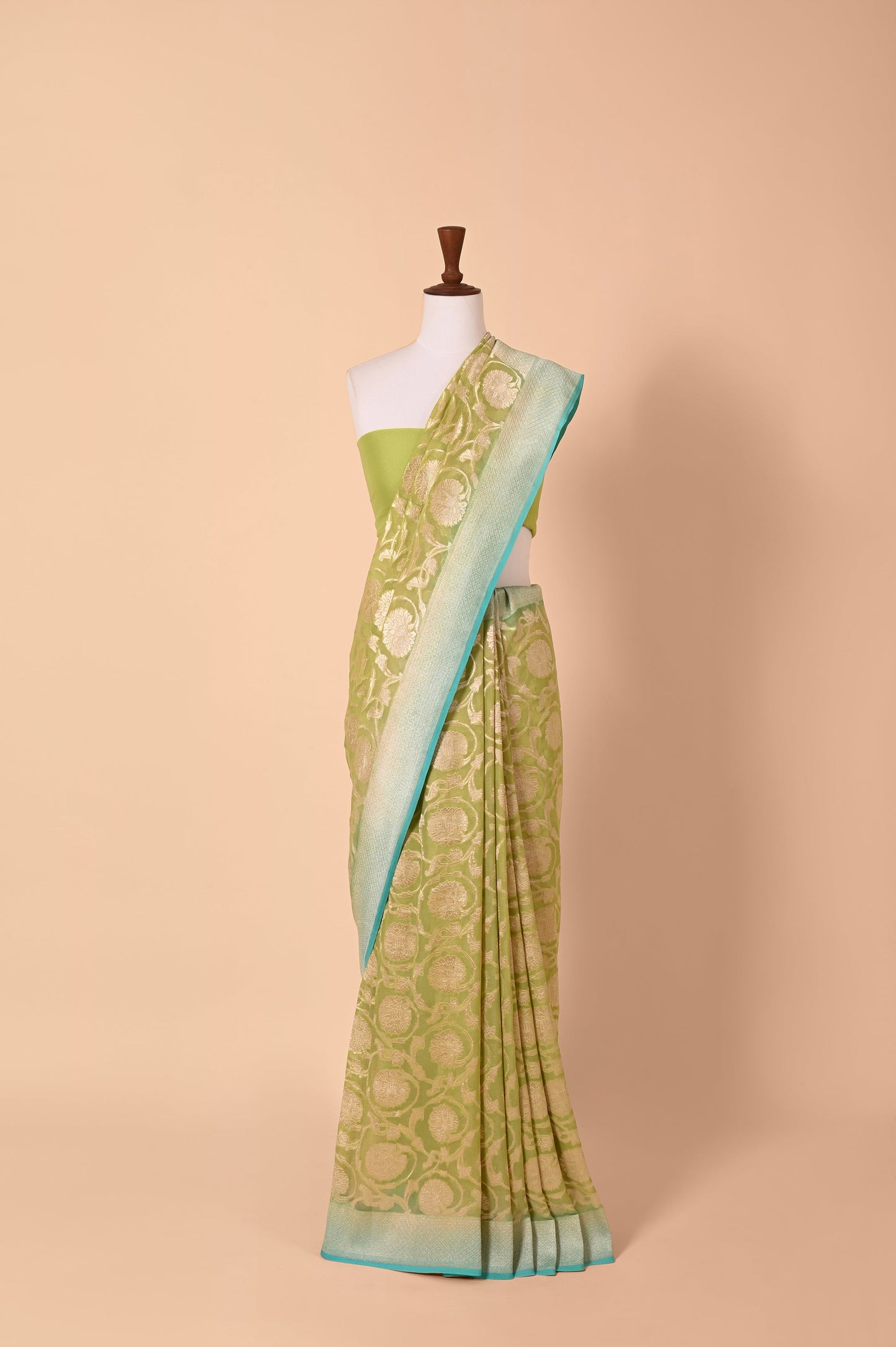 Handwoven Peacock Green Georgette Sari