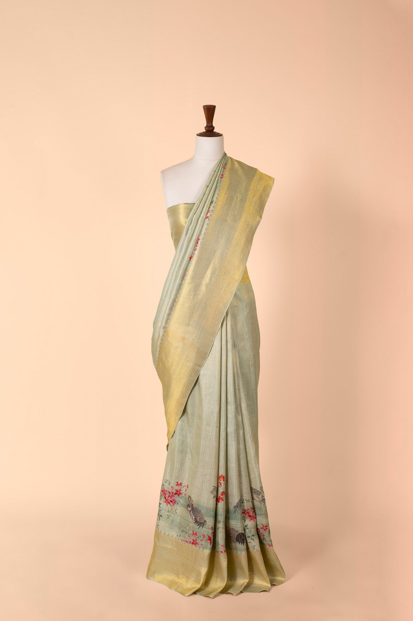 Handwoven Green Digital Printed Tissue Sari