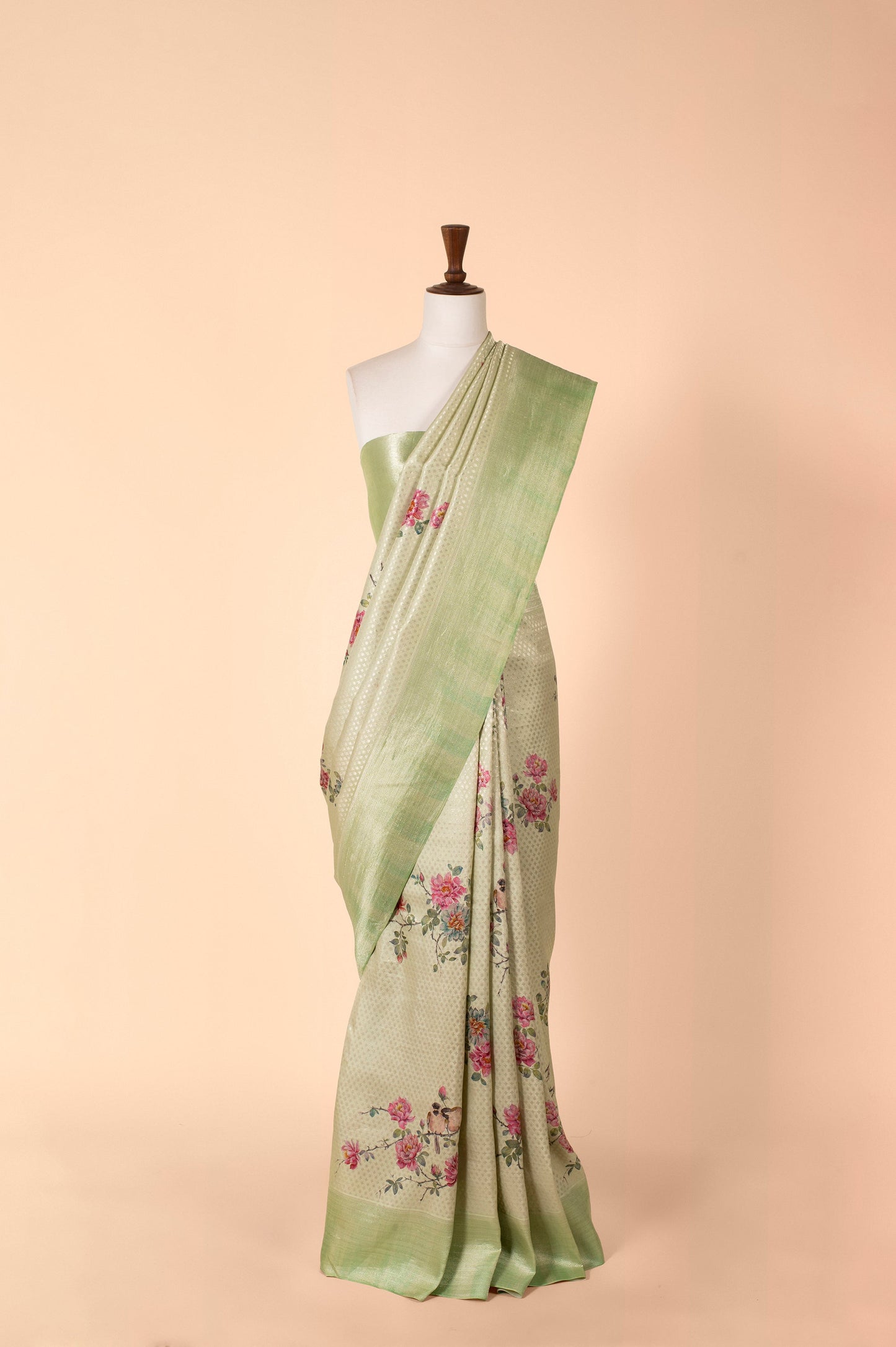 Handwoven Green Digital Printed Tissue Sari