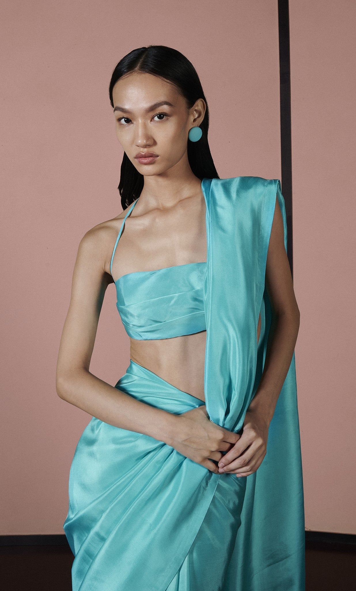 Turquoise Pleated Halter Blouse