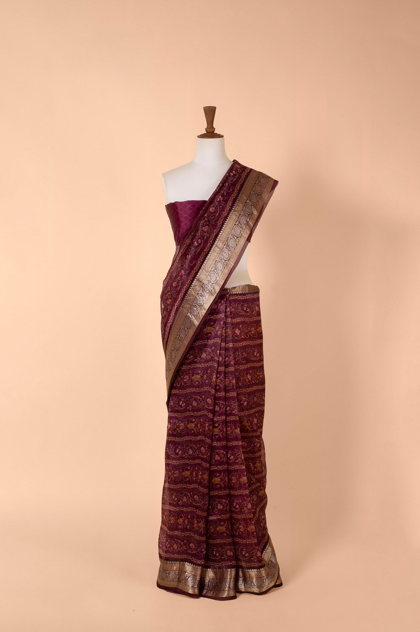 Handwoven Wine Digital Printed Organza Sari