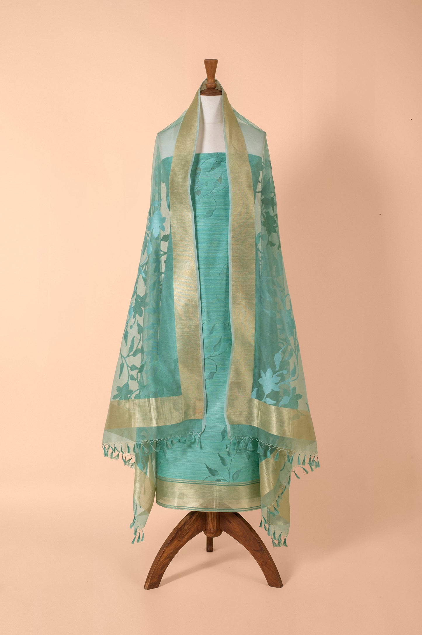 Handwoven Green Banarasi Net Suit Piece