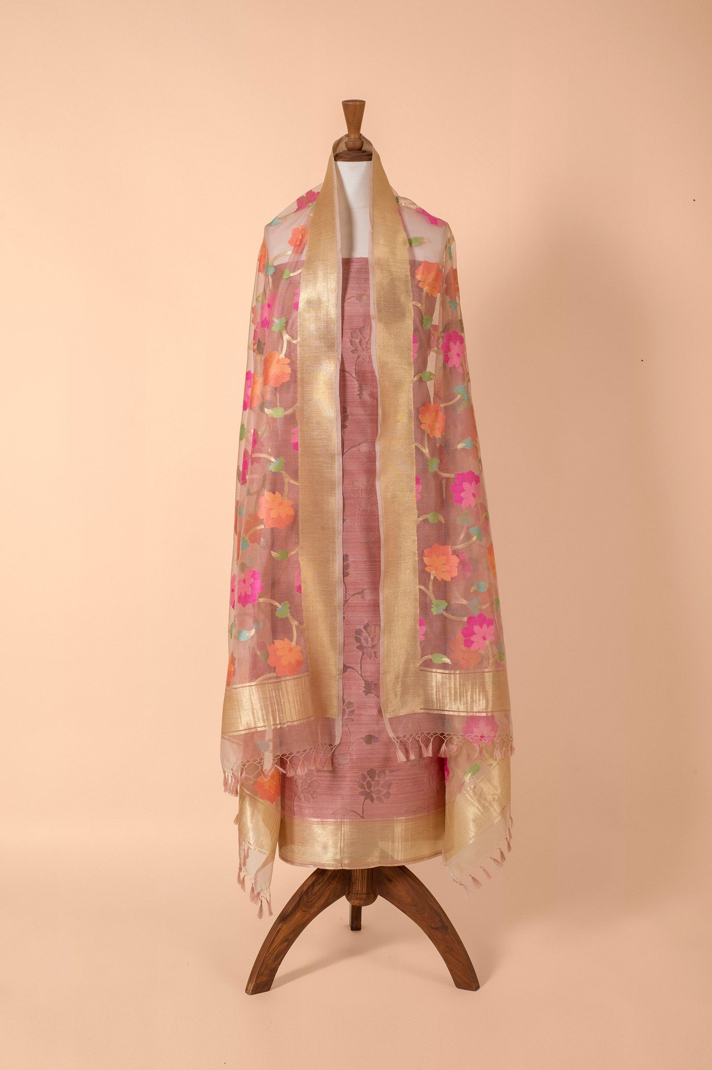 Handwoven Pink Banarasi Net Suit Piece