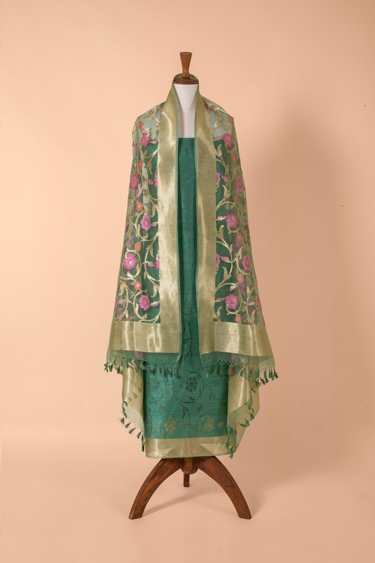 Handwoven Green Banarasi Net Suit Piece