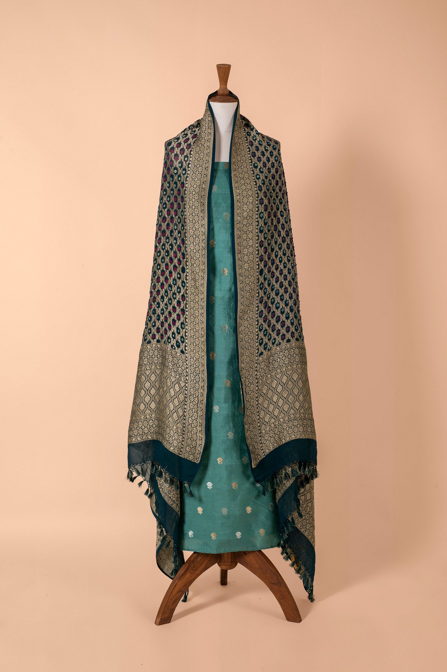 Handwoven Green and Blue Silk Suit Piece