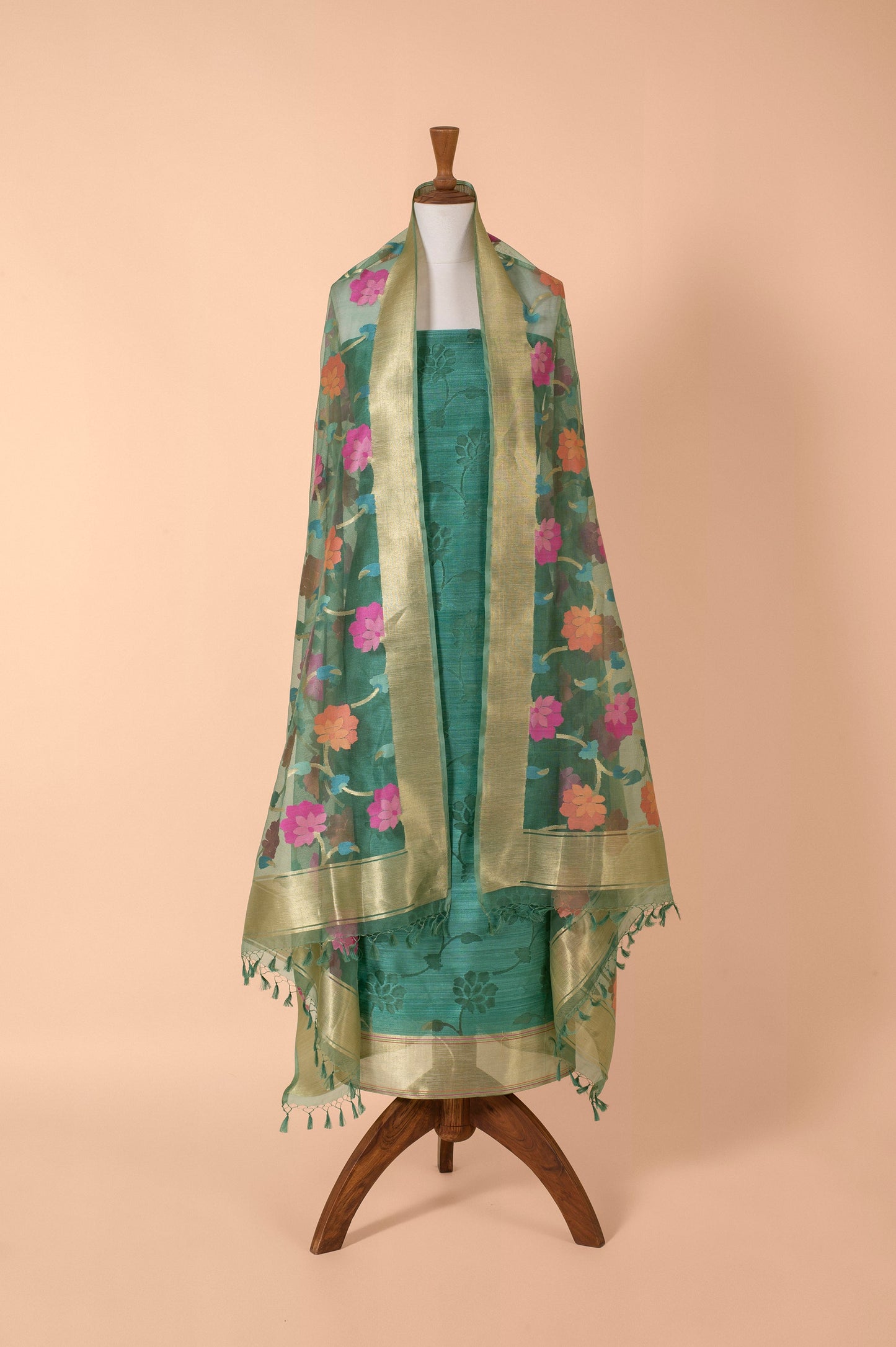Handwoven Green Banarasi Net Suit Piece