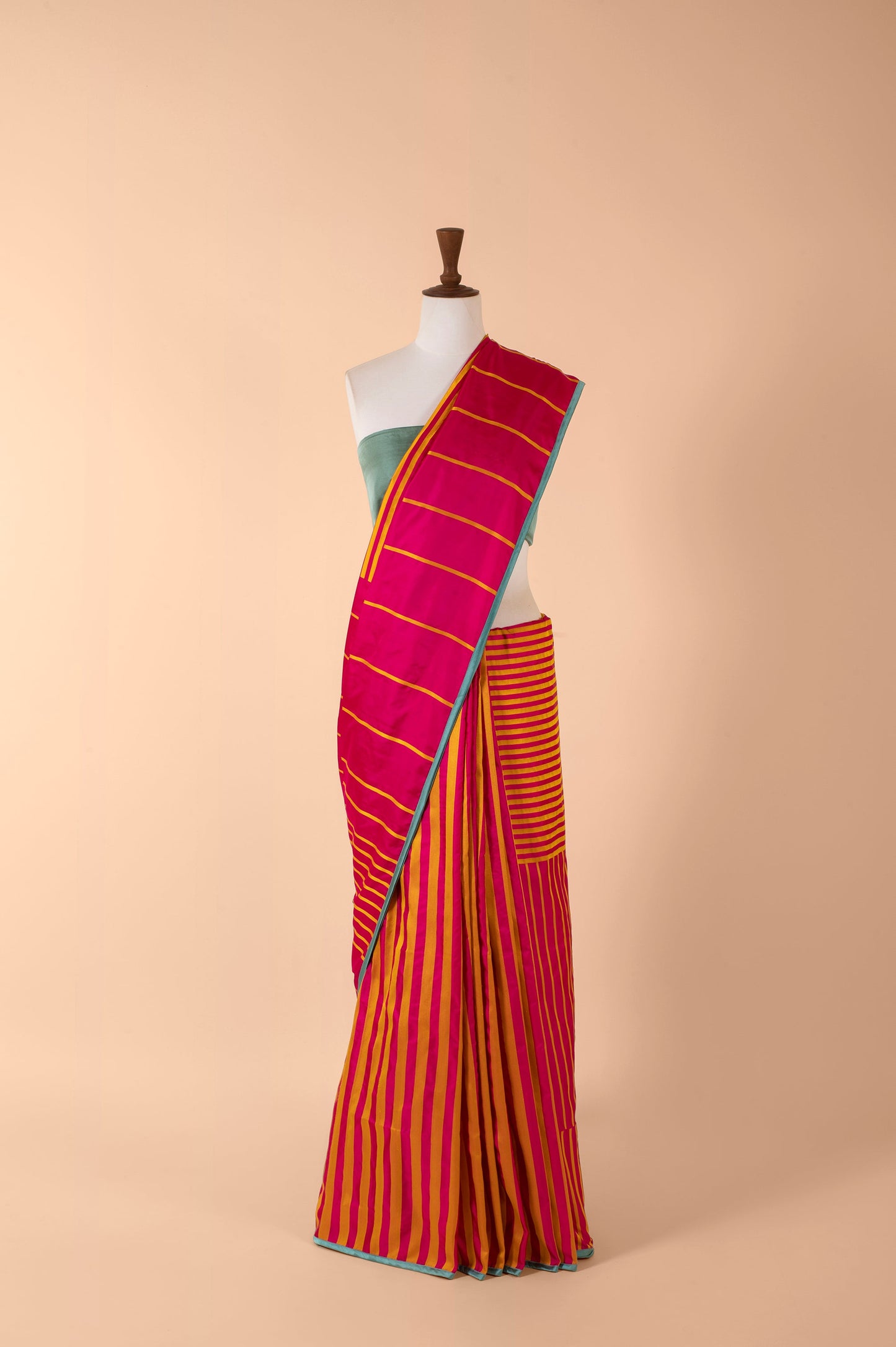 Coral Pink Displaced Stripe Saree