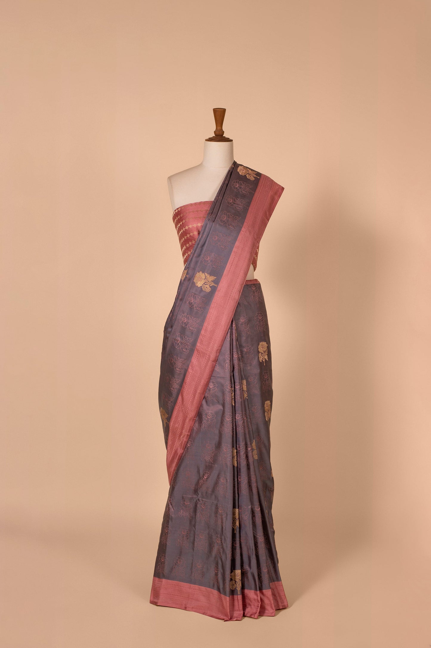 Handwoven Grey Satin Silk Sari