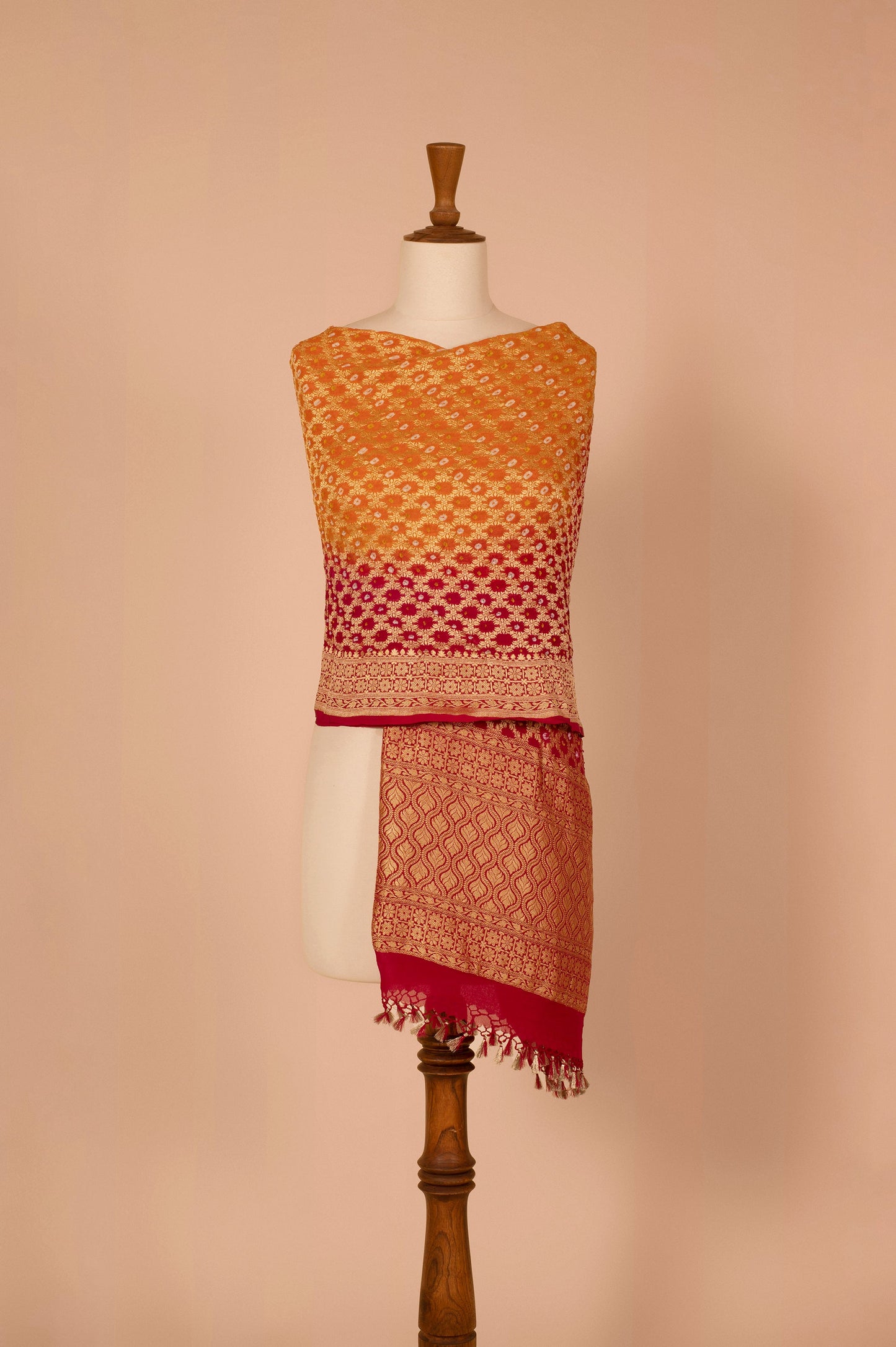 Handwoven Orange & Red Bandhani Dupatta