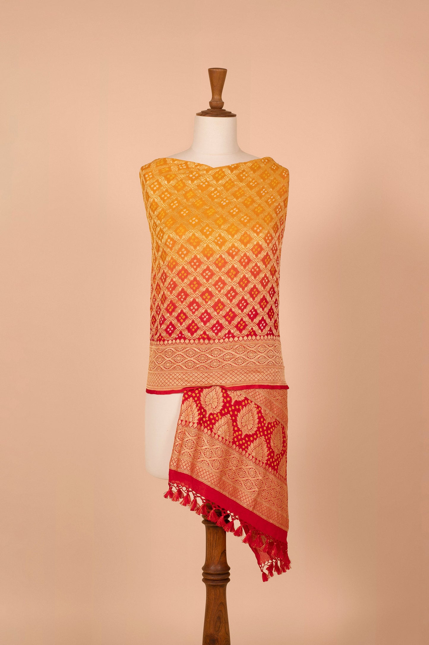 Handwoven Yellow and Red Bandhani Dupatta