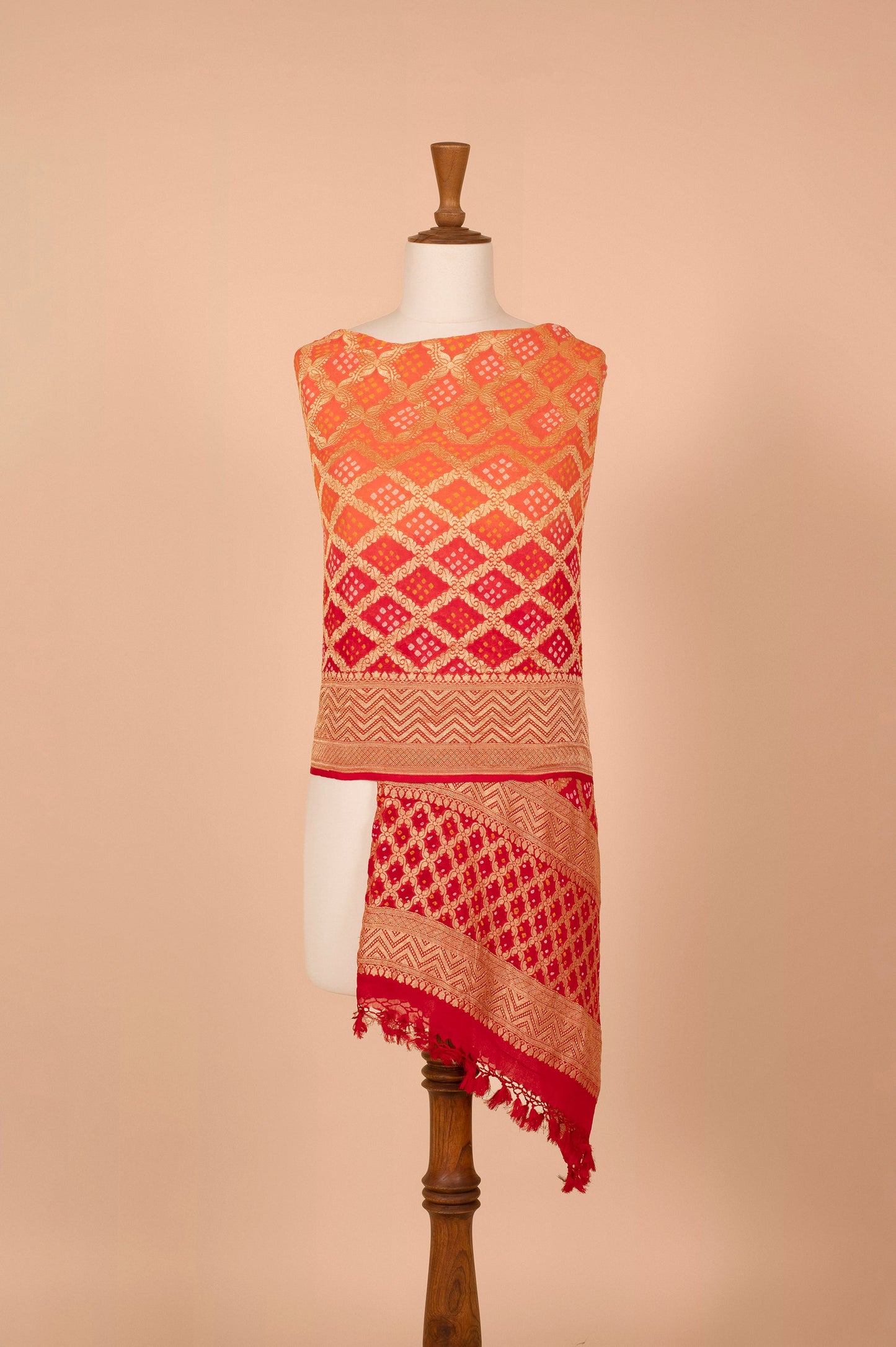 Handwoven Orange and Red Bandhani Dupatta
