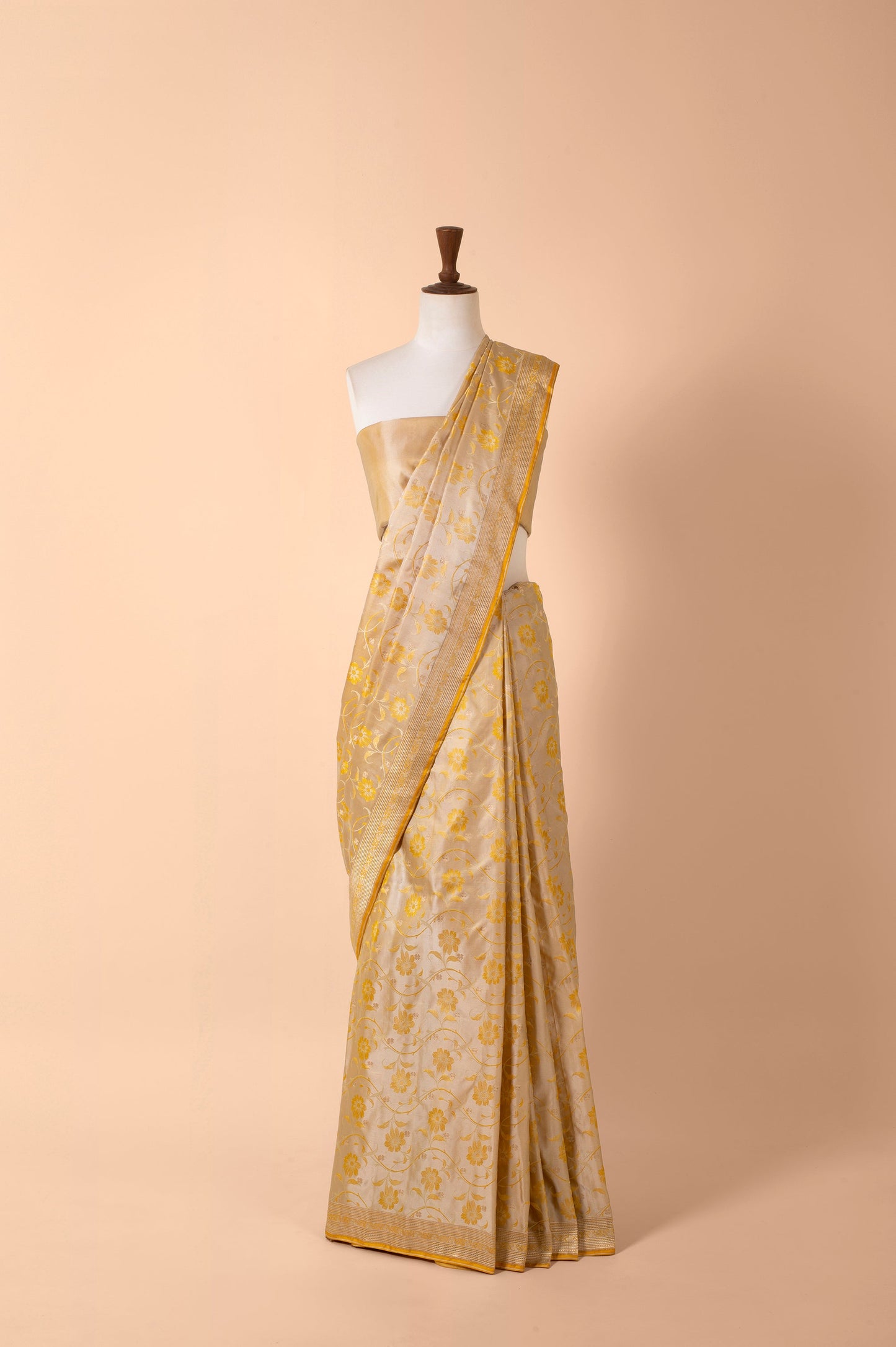 Handwoven Biege and Gold Silk Sari