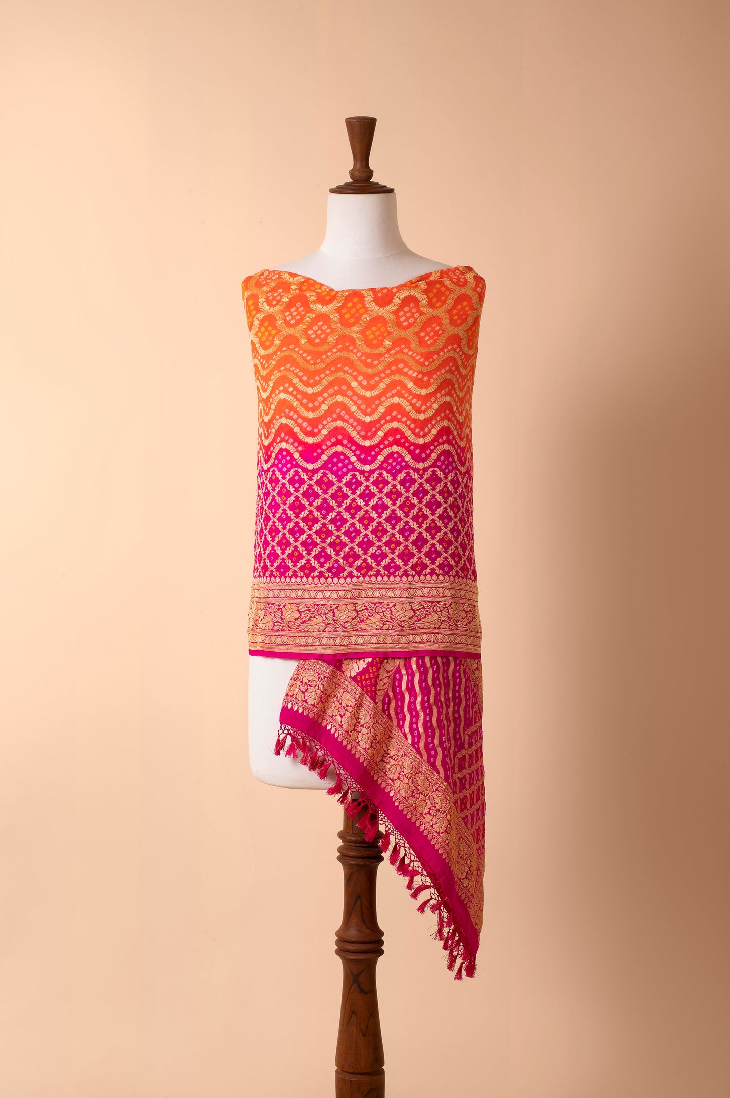 Handwoven Pink and Orange Bandhani Dupatta