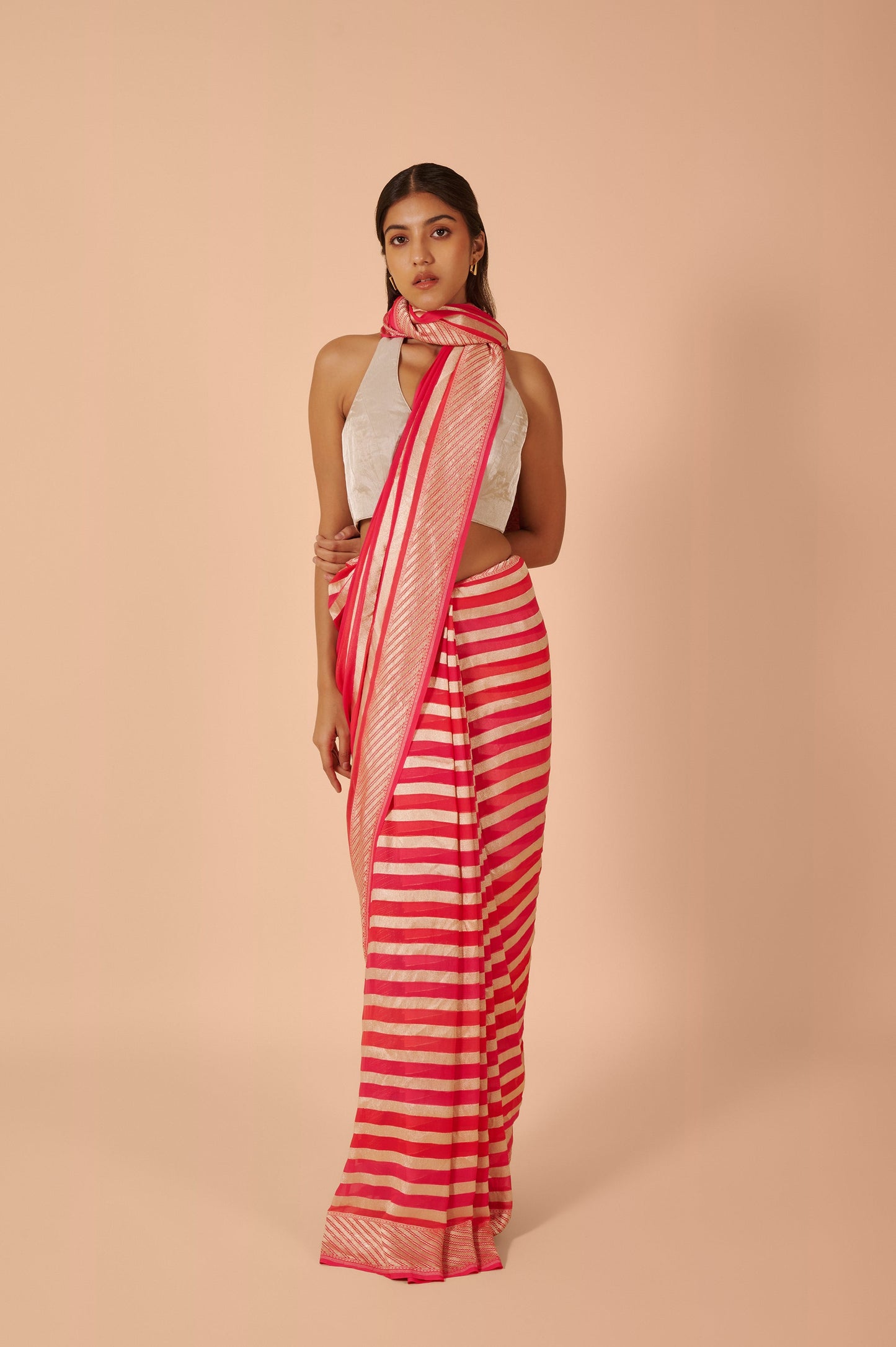 Handwoven Pink Georgette Sari