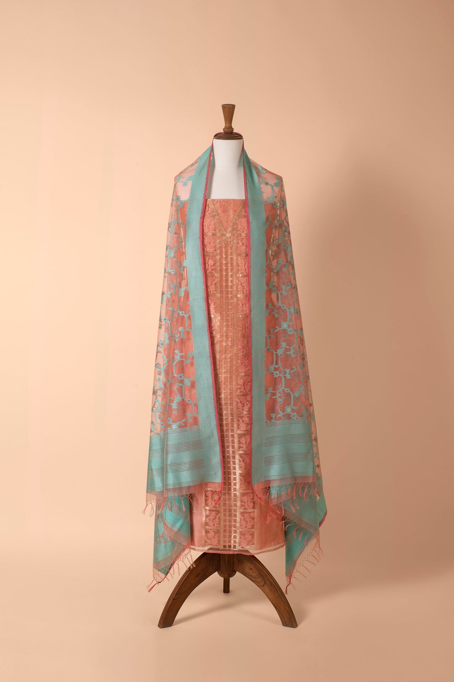 Handwoven Pink Banarasi Net Suit Piece