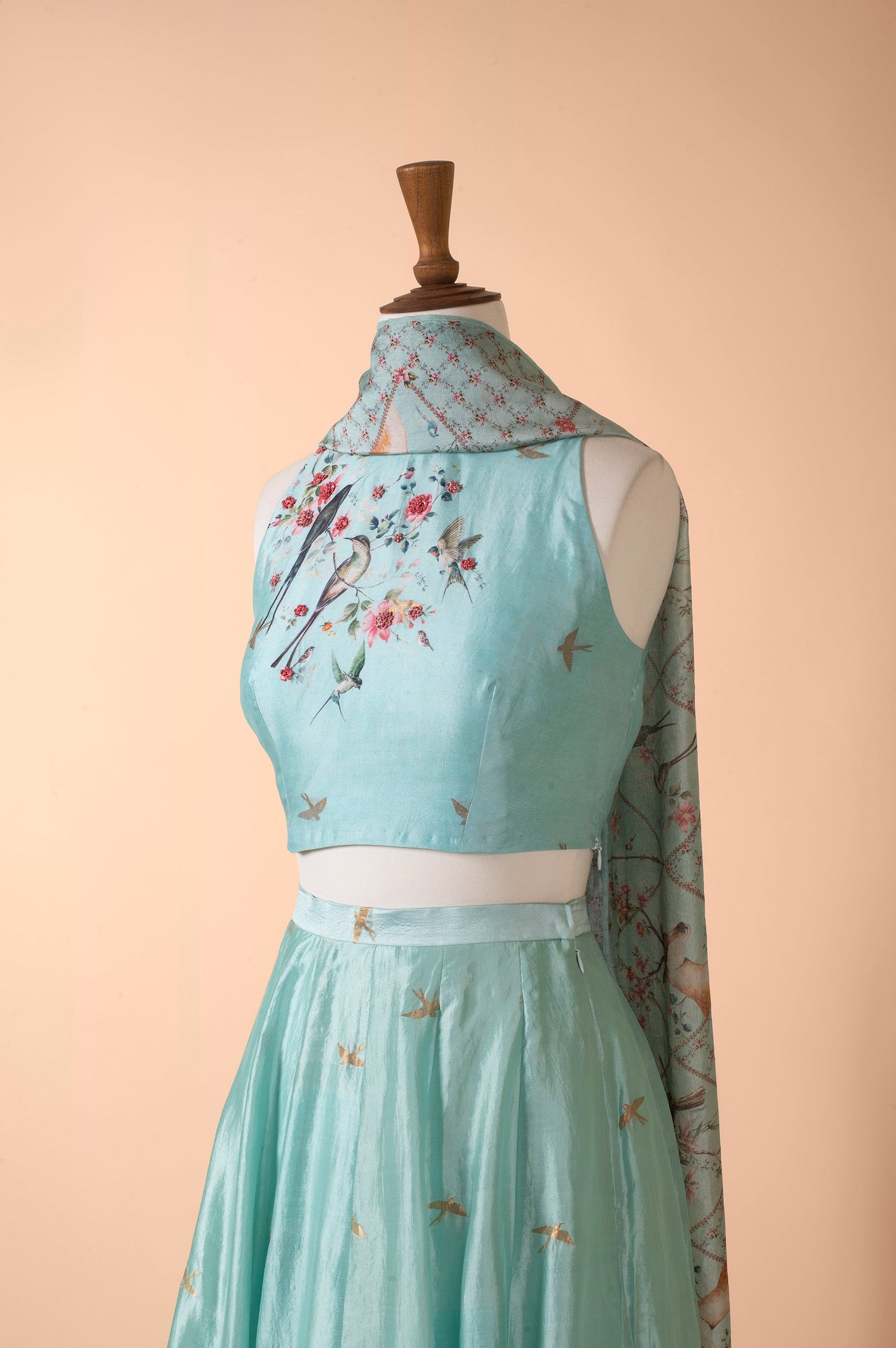 Handwoven Light Blue Digital Printed Silk Lehenga