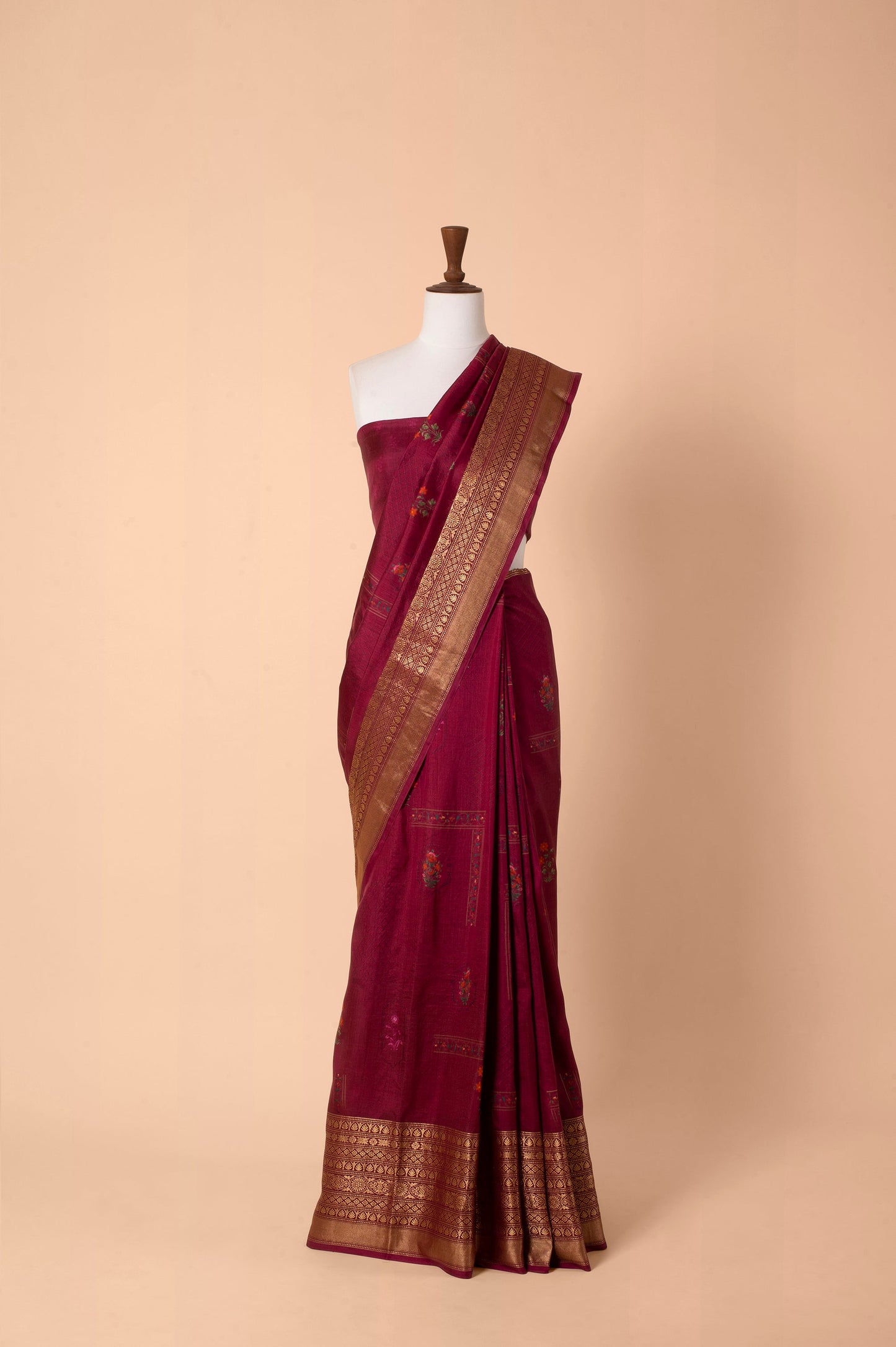 Handwoven Burgundy Digital Printed Silk Sari