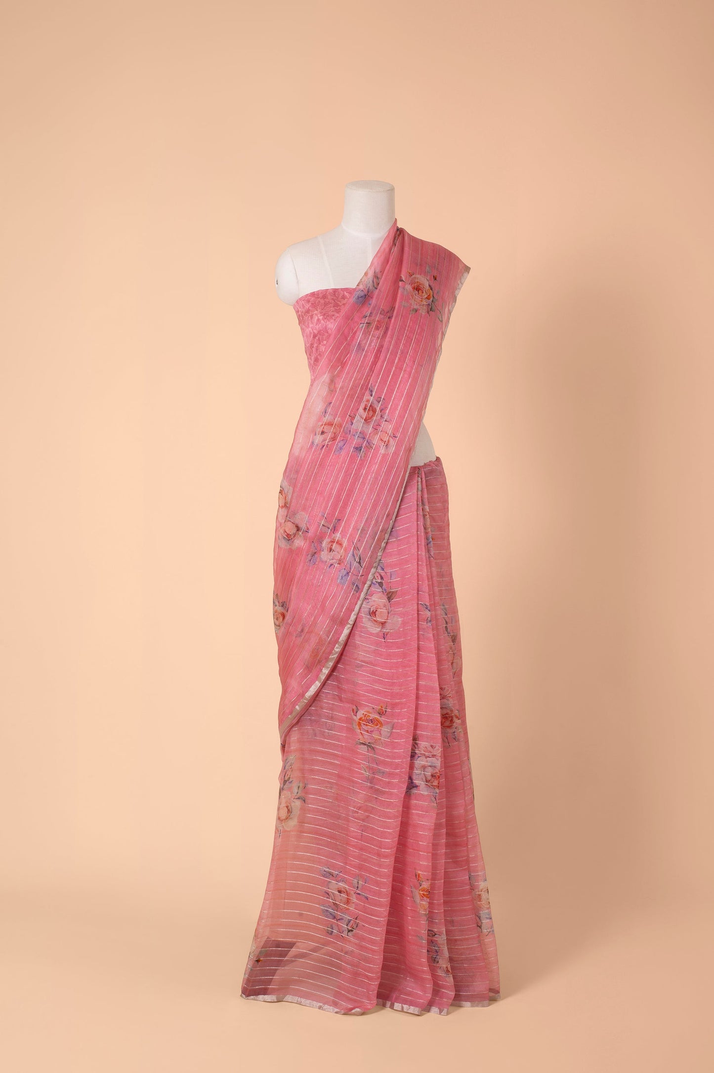 Handwoven French Pink Digital Printed Organza Silk Sari