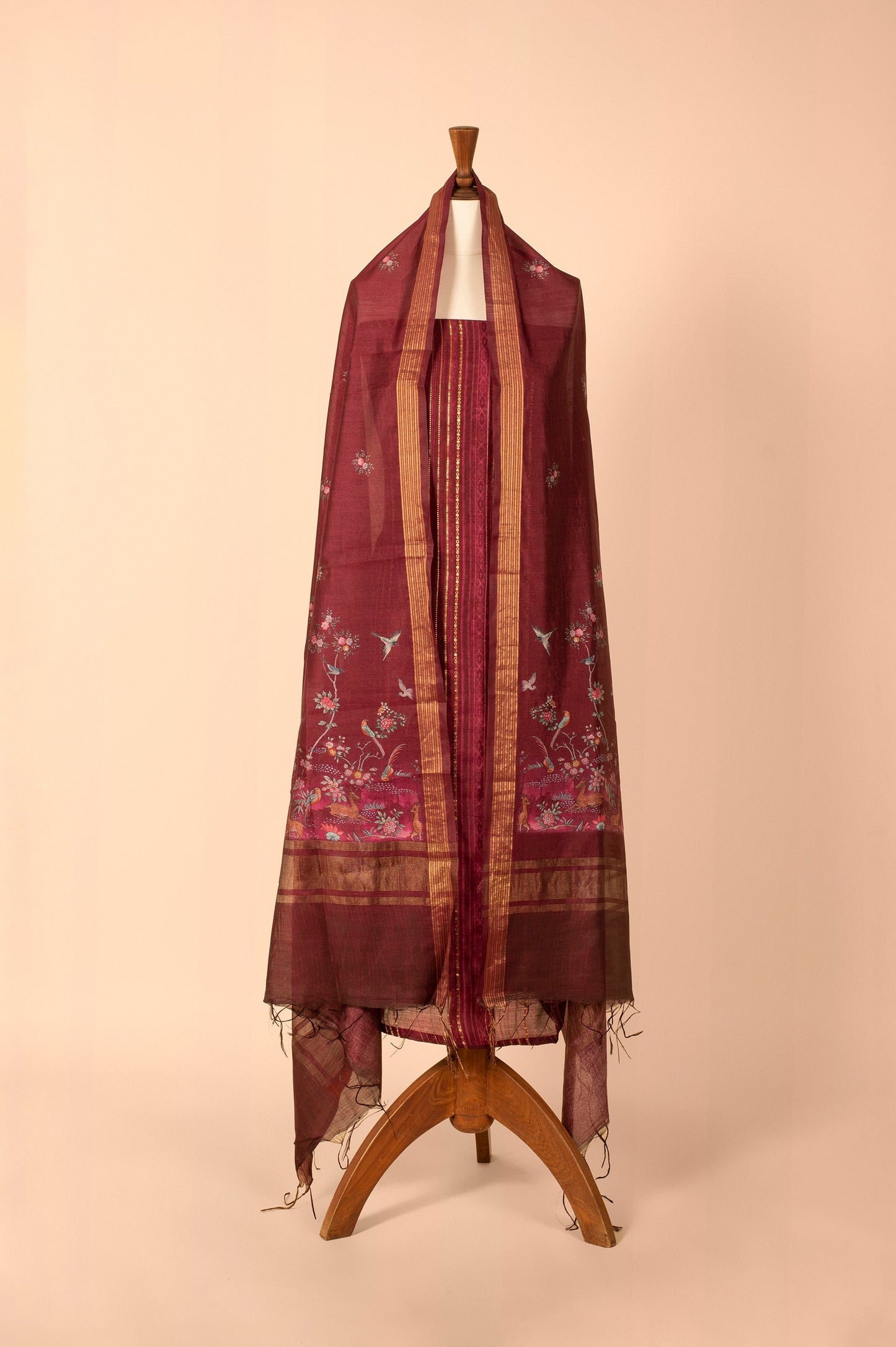 Handwoven Maroon Digital Printed Chanderi Suit Piece
