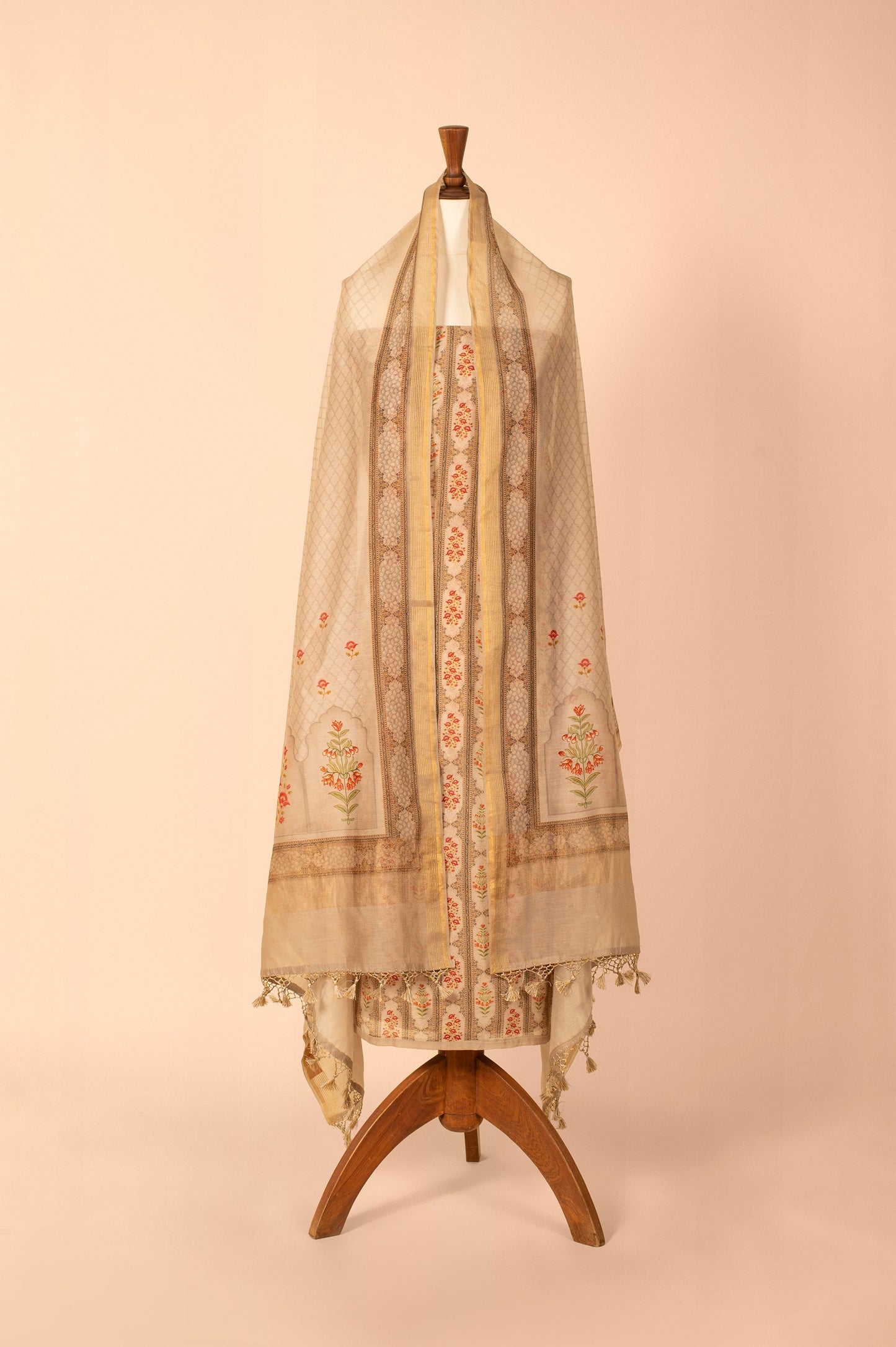 Handwoven Beige Digital Printed Chanderi Suit Piece