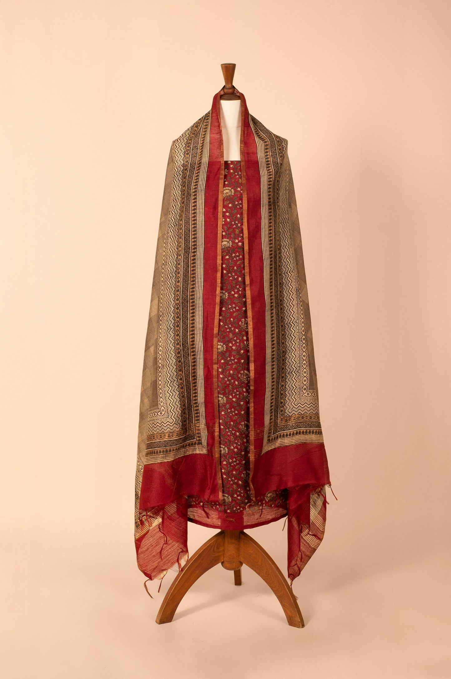 Handwoven Maroon Digital Printed Chanderi Suit Piece