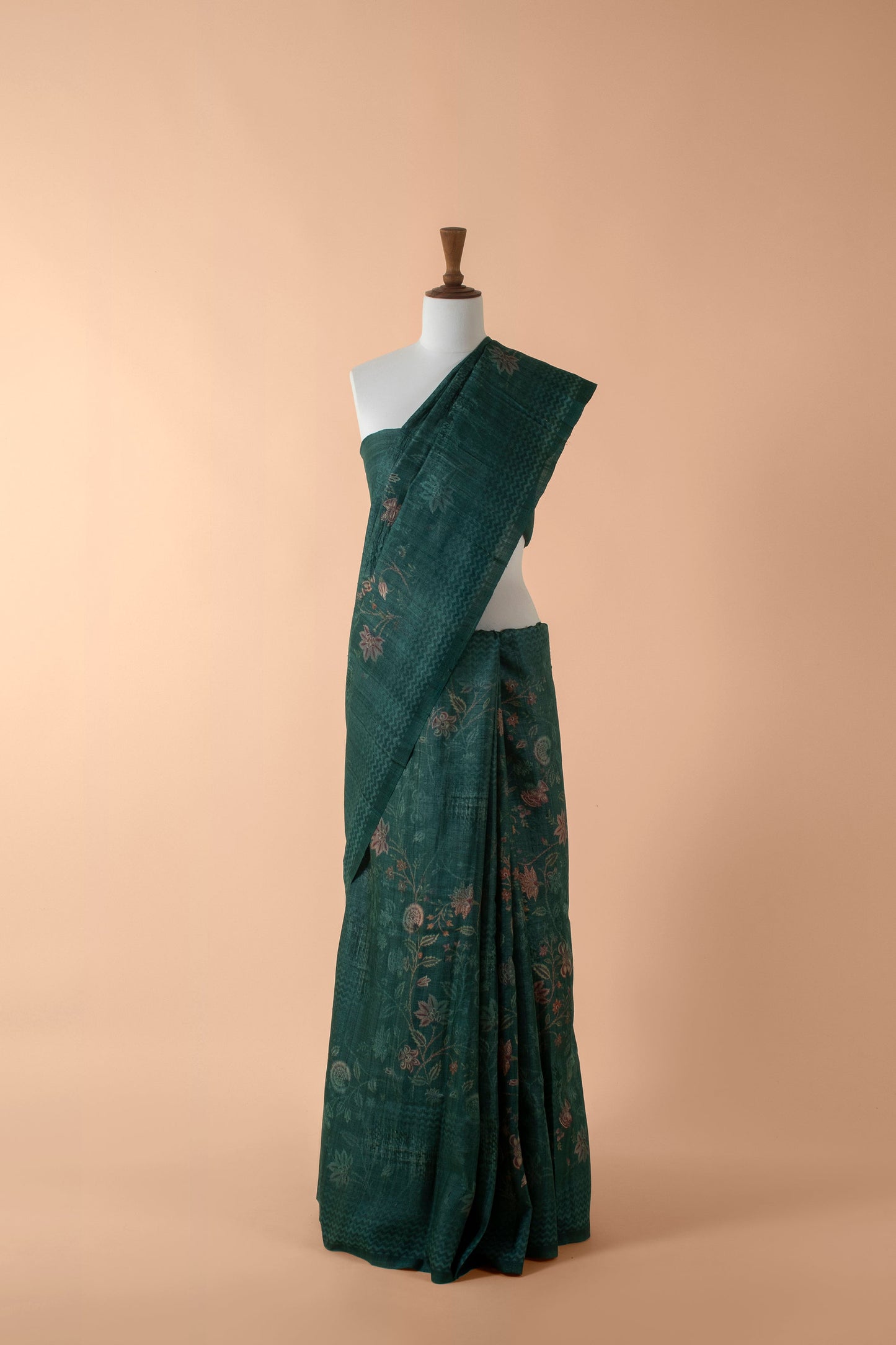 Handwoven Green Digital Printed Tusser Sari