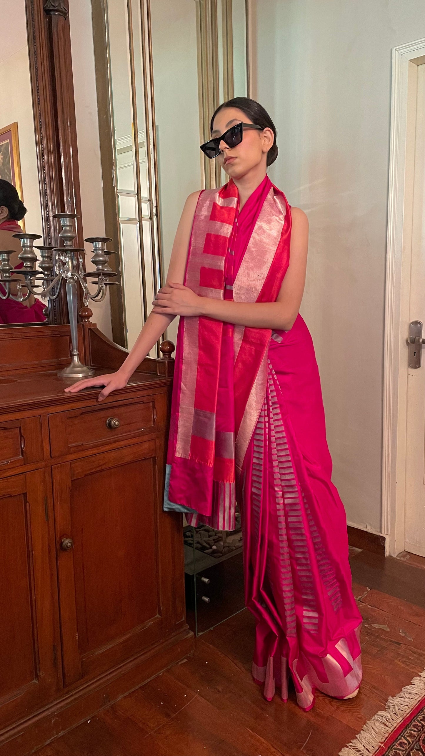 Bright Pink Colorblock Saree