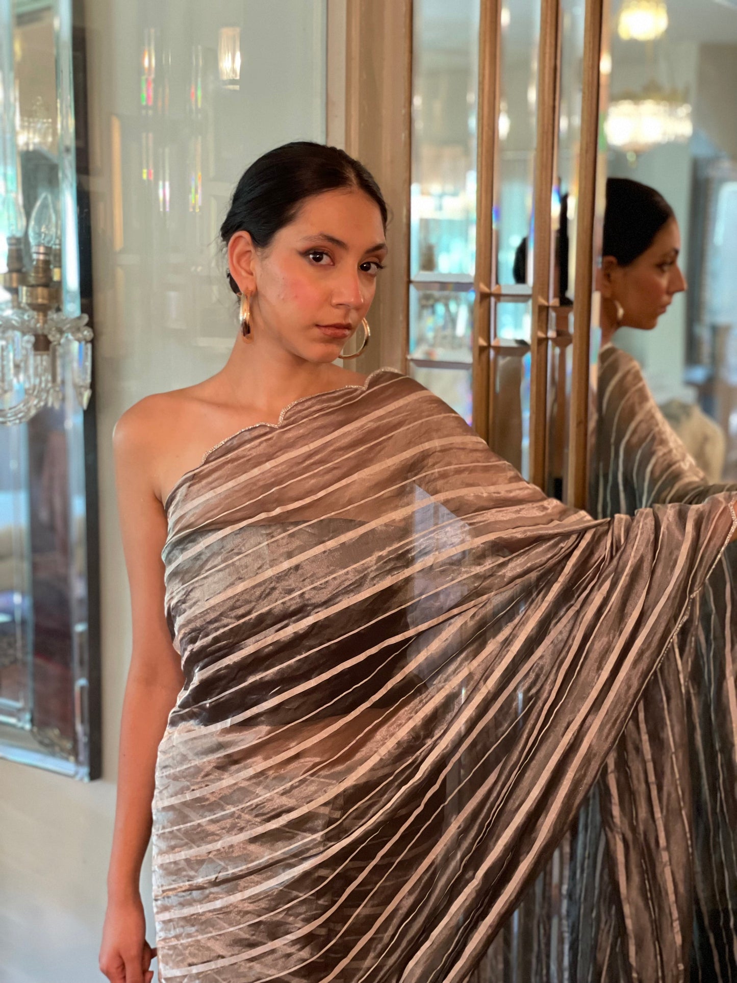 Charcoal Striped Saree