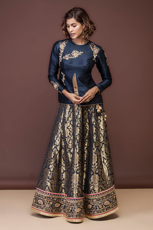Handwoven and Embroidered Blue Georgette Lehenga