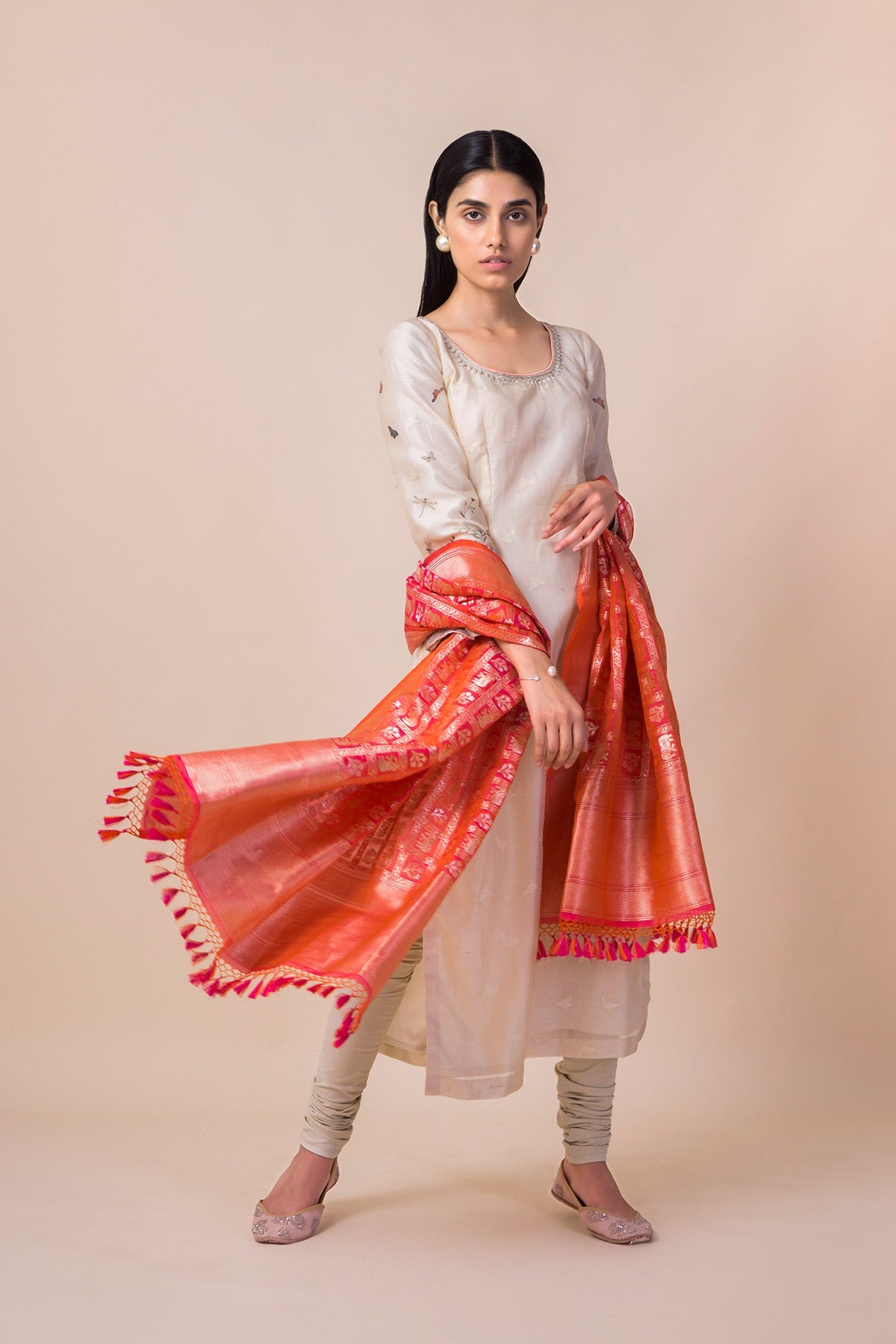 Handwoven Coral Pink Silk Dupatta