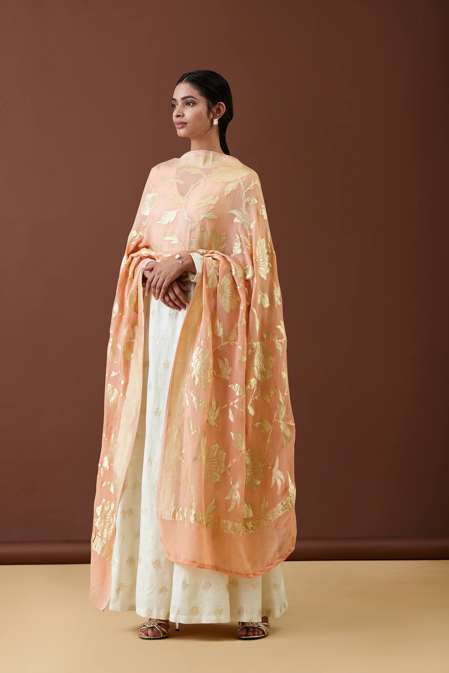 Handwoven Peach Georgette Dupatta