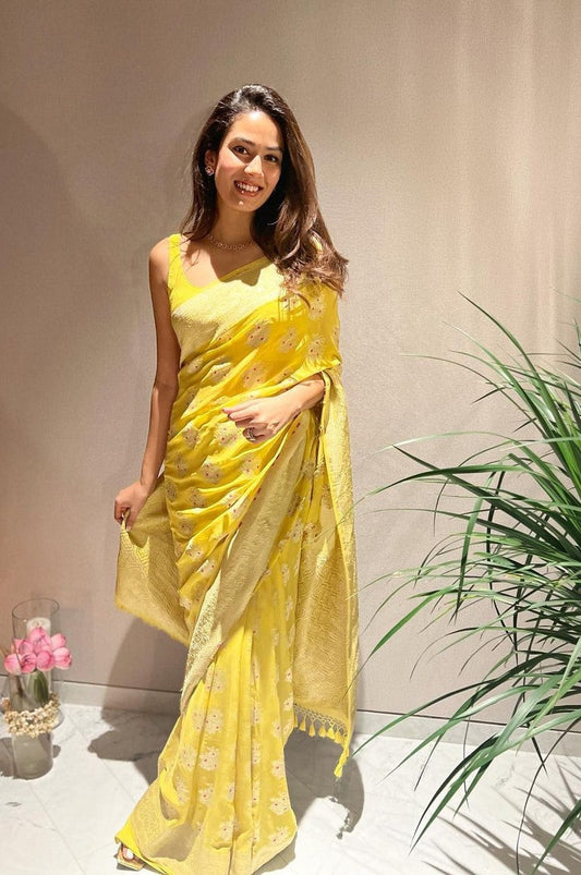 Mira Rajput Kapoor In Handwoven Yellow Georgette Saree
