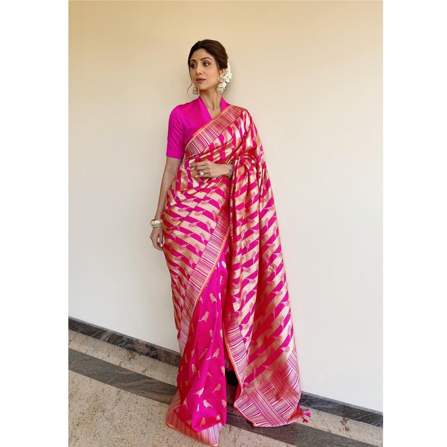 Shilpa Shetty in Handwoven Pink Striped Silk Sari With Bird Motifs