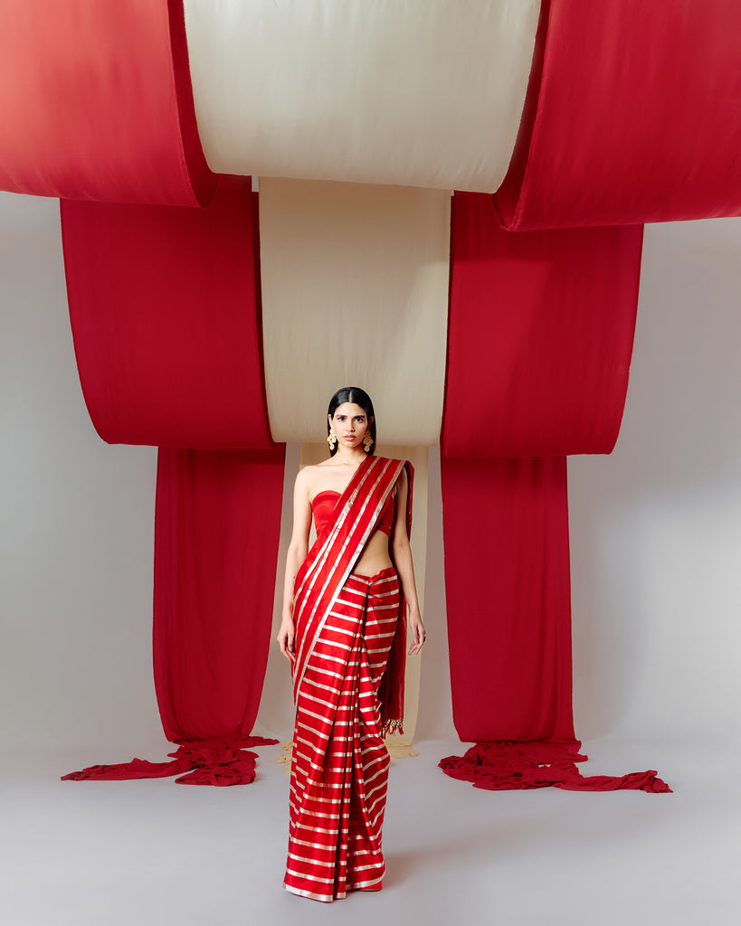Dia Mirza in Handwoven Red Striped Satin Silk Saree