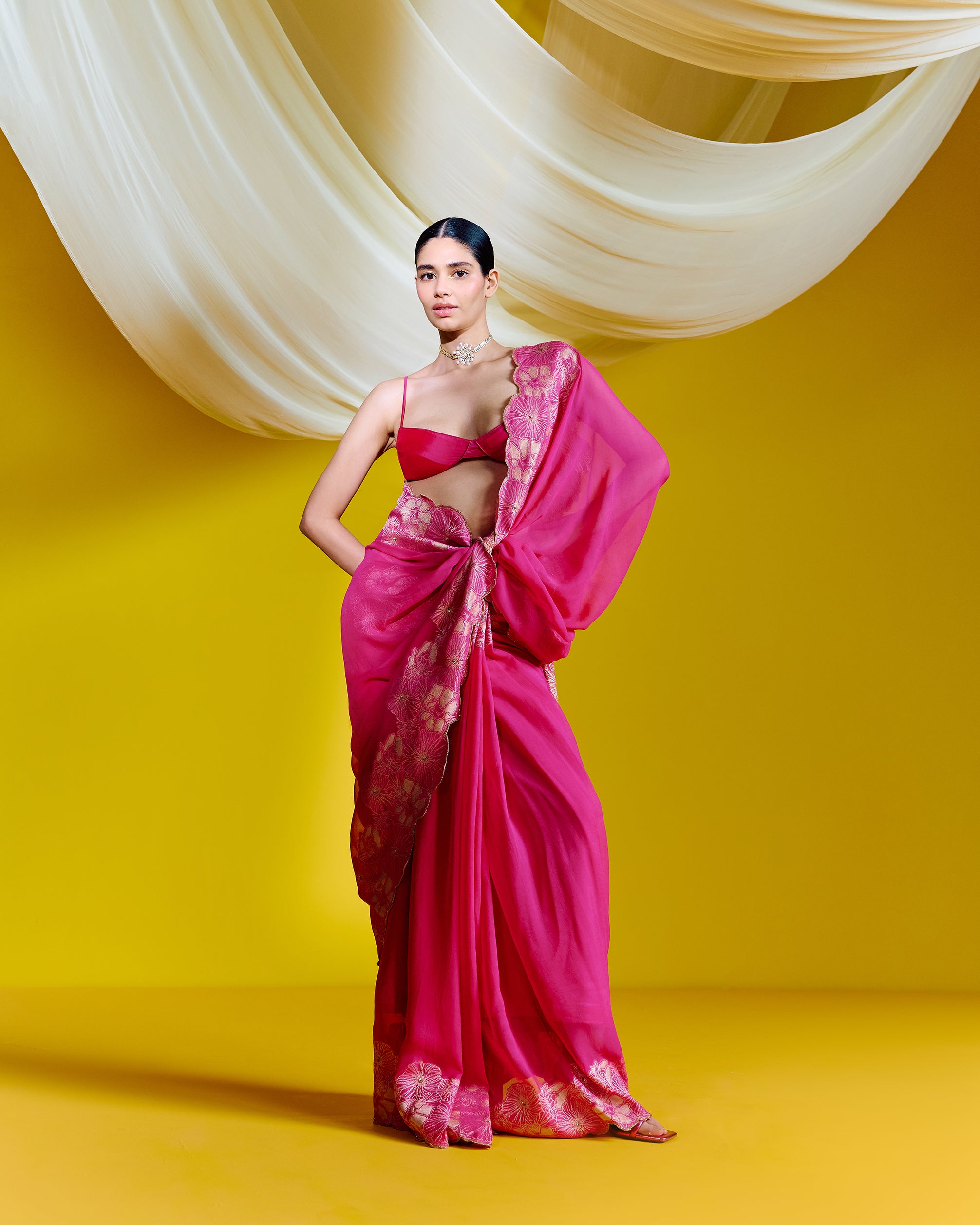 Rose Red Fox Georgette Saree With Swarovski Diamond Work