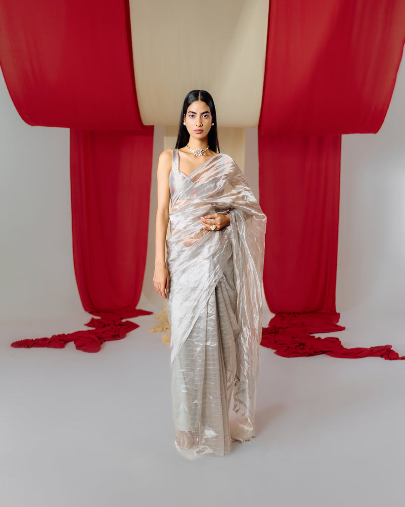 Handwoven Grey Tissue Saree
