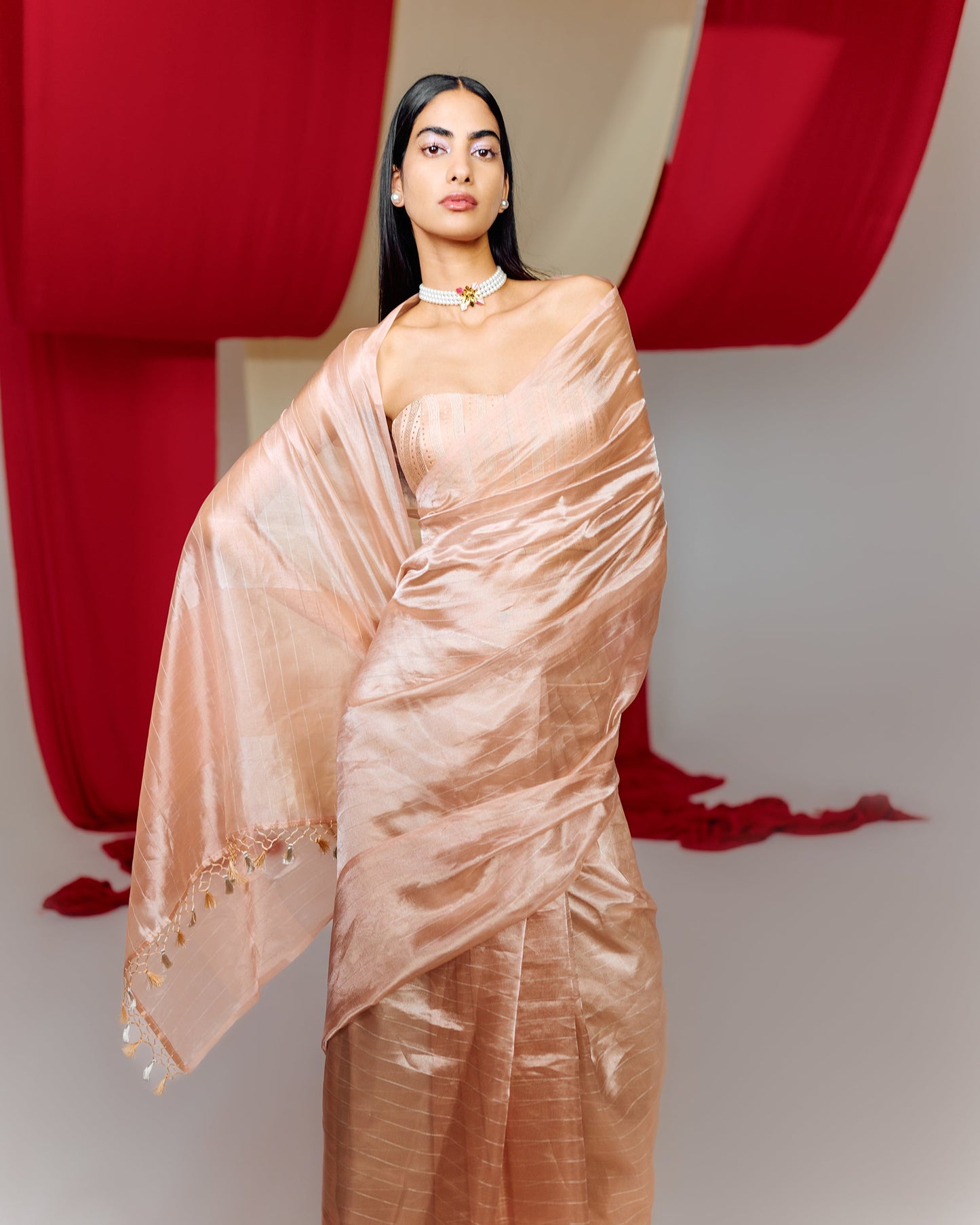 Handwoven Peach Tissue Saree